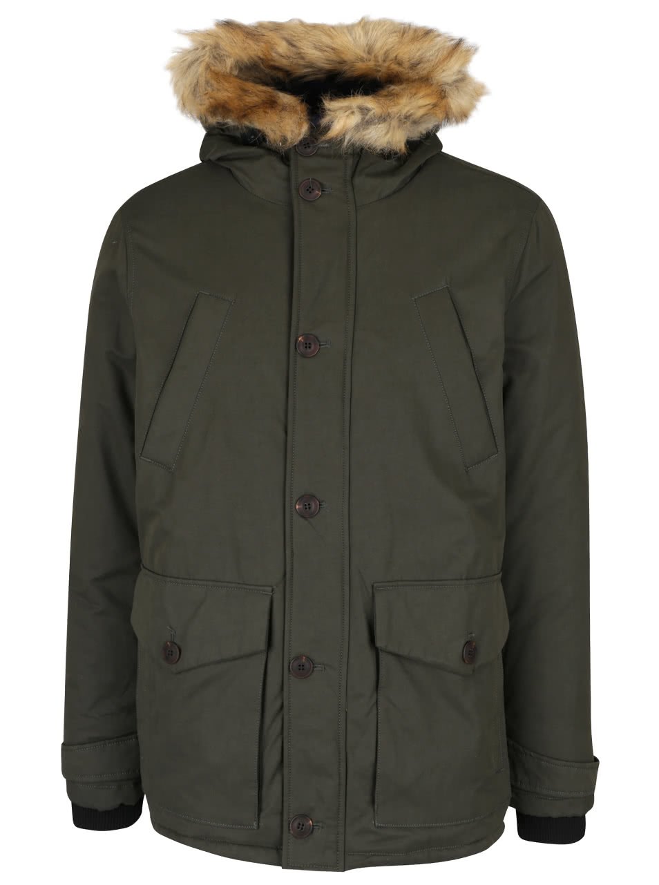 Khaki bunda s kapucí a umělou kožešinou Burton Menswear London