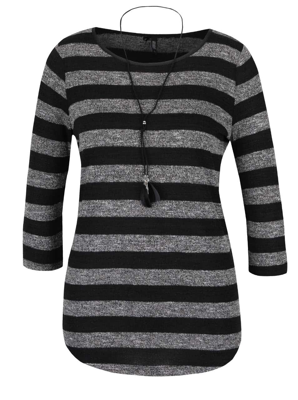 Šedo-černé pruhované tričko s 3/4 rukávem a přívěškem Haily´s Elle