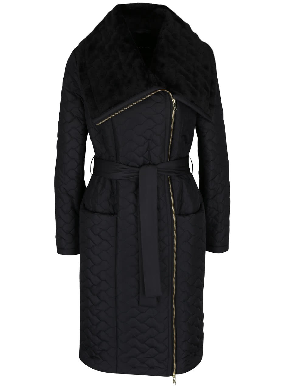 Černý dámský prošívaný kabát s umělou kožešinou a páskem Pietro Filipi