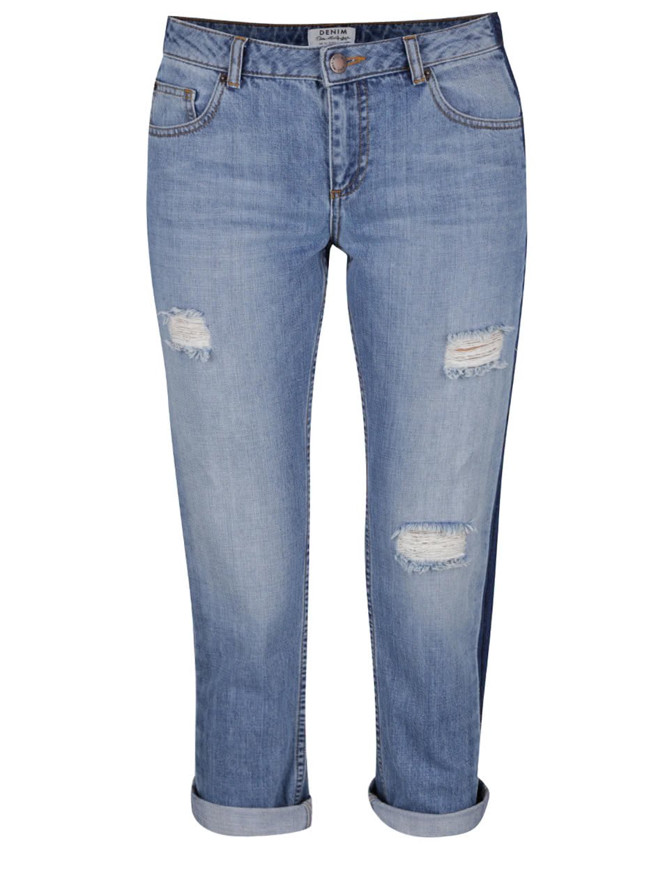 Modré osminkové džíny s potrhaným efektem a tmavým bočním pruhem Miss Selfridge
