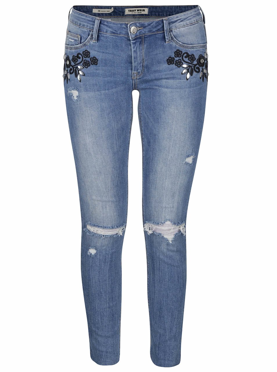 Modré osminkové skinny džíny s potrhaným efektem a výšivkou TALLY WEiJL