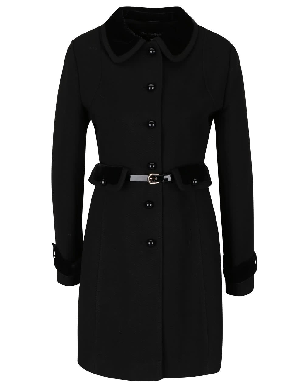 Černý kabát s páskem a sametovými detaily Miss Selfridge