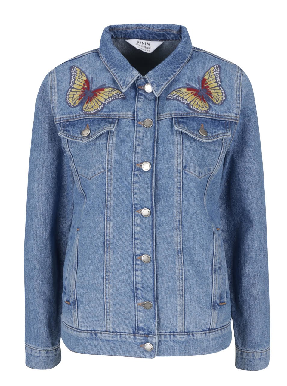 Světle modrá džínová bunda s vyšitými motýly Miss Selfridge