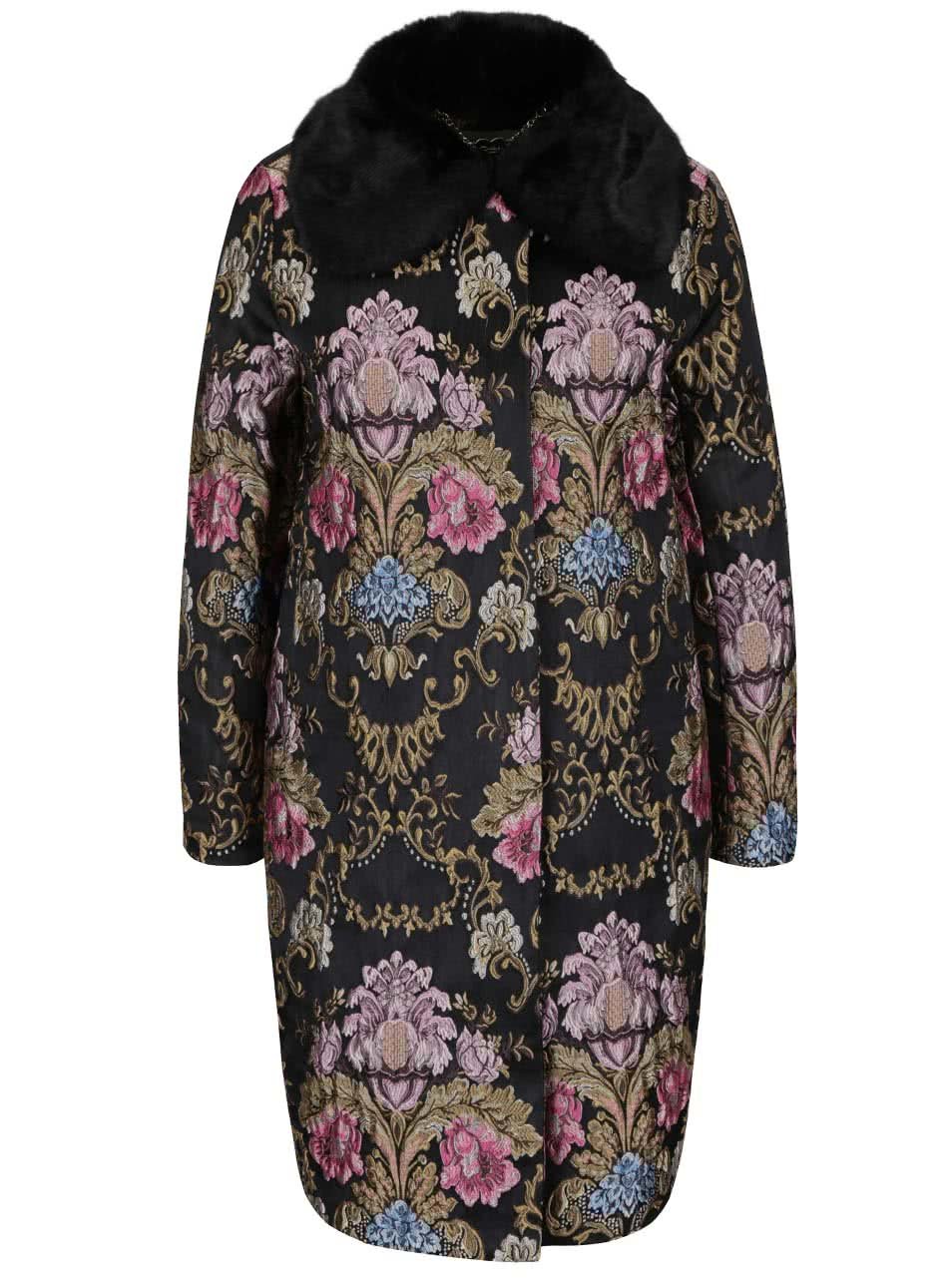 Černý kabát s vytkávaným vzorem a umělým kožíškem Darling Hepburn