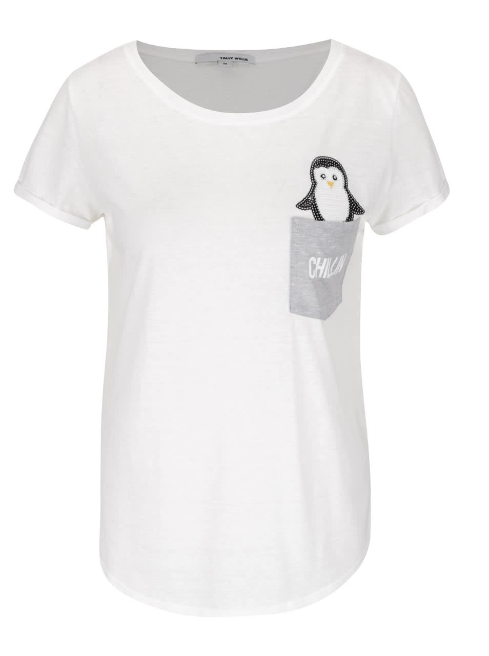 Krémové tričko s kapsou a tučňákem z flitrů TALLY WEiJL