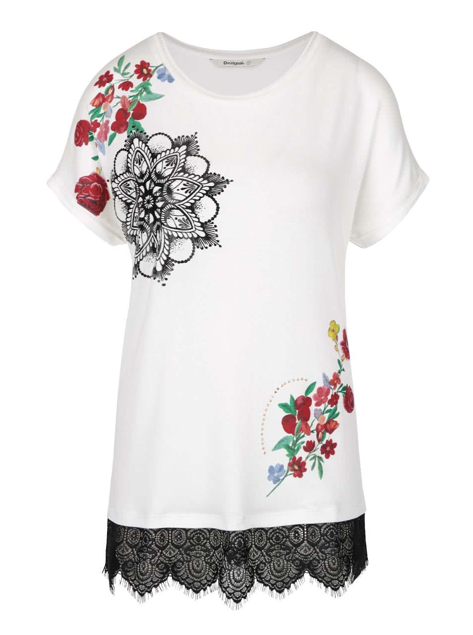 Krémové tričko s potiskem květin Desigual Oporto