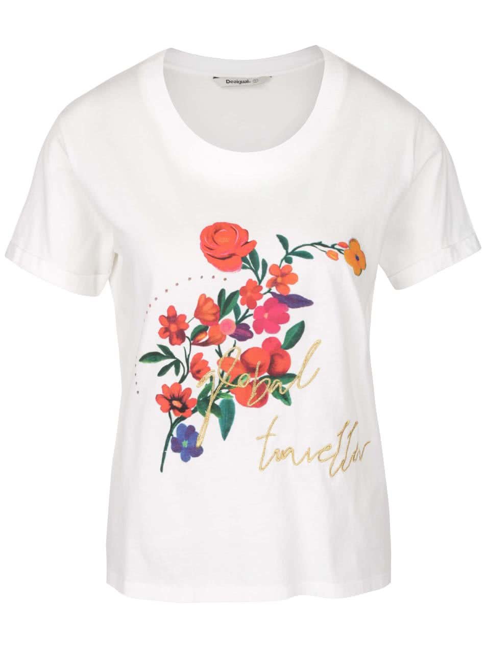 Krémové tričko s barevnými květy Desigual Marina