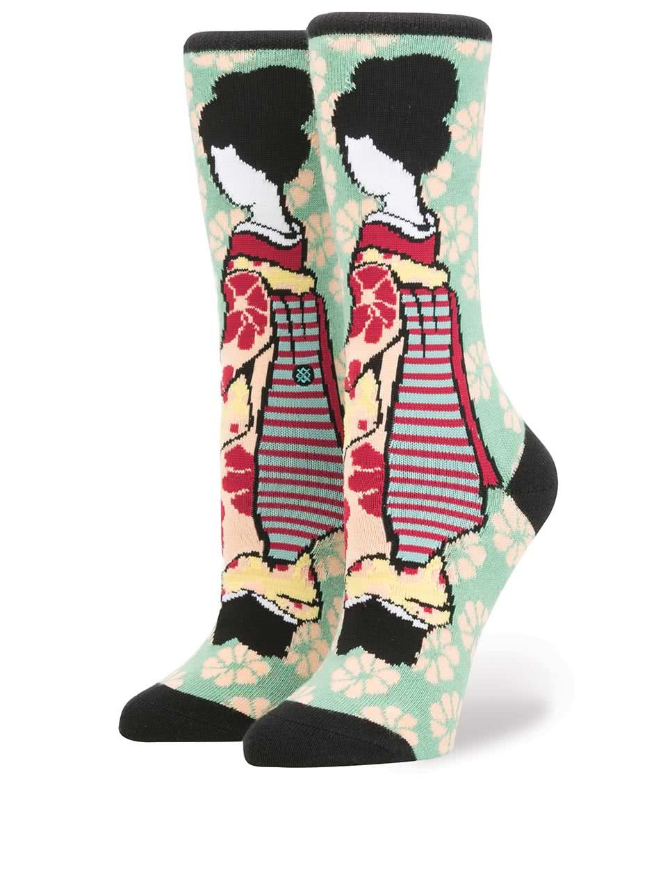 Růžovo-zelené dámské ponožky s japonským motivem Stance Geisha