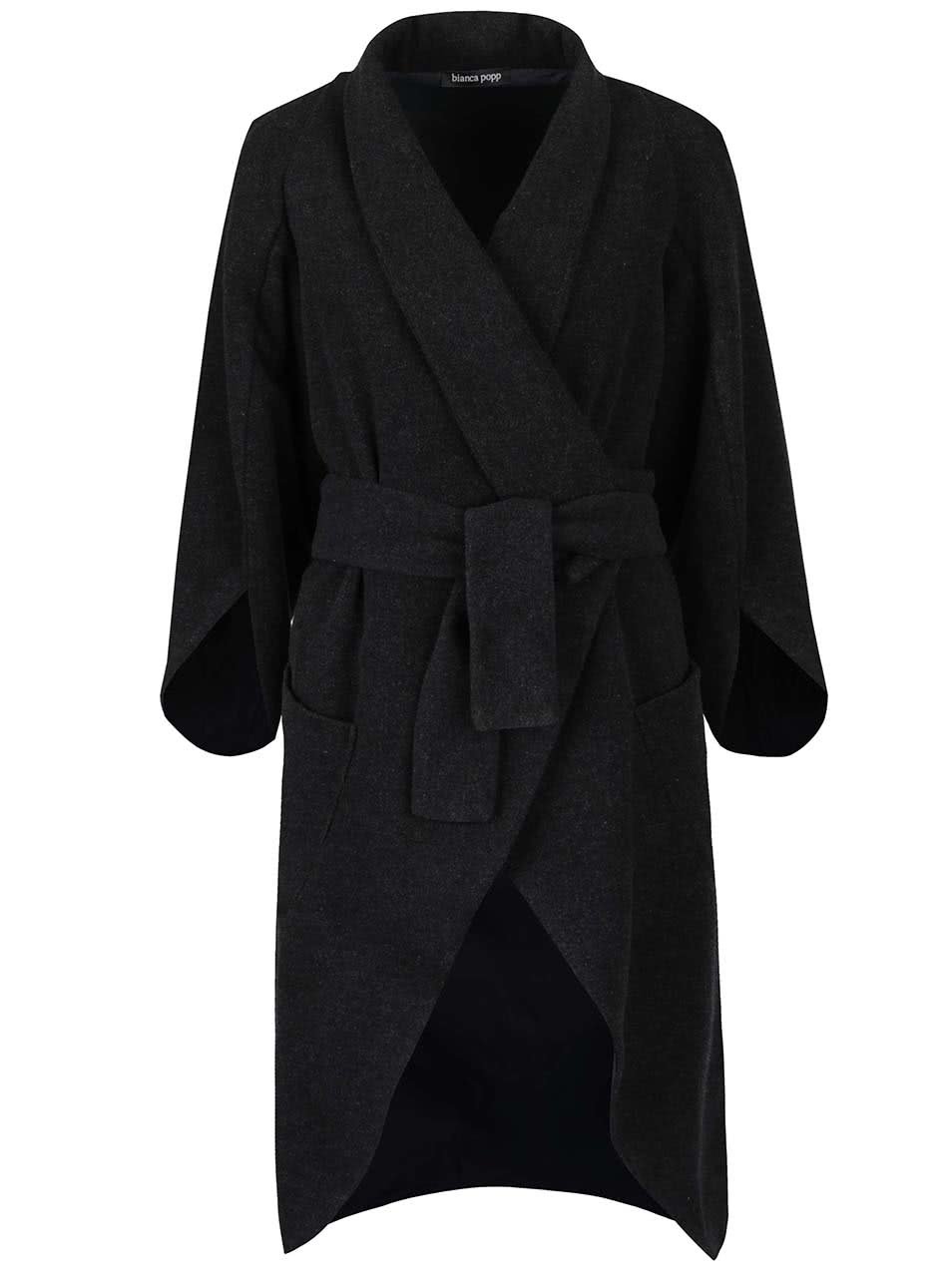 Tmavě šedý vlněný kabát s kimonovými rukávy a zavazováním v pase Bianca Popp