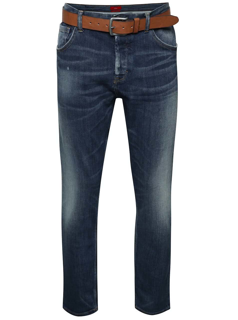 Tmavě modré pánské vyšisované regular fit džíny s páskem s.Oliver