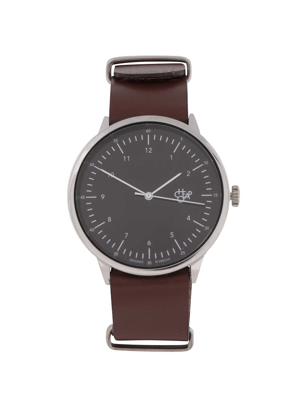 Pánské hodinky ve stříbrné barvě s hnědým koženým páskem Cheapo Harold