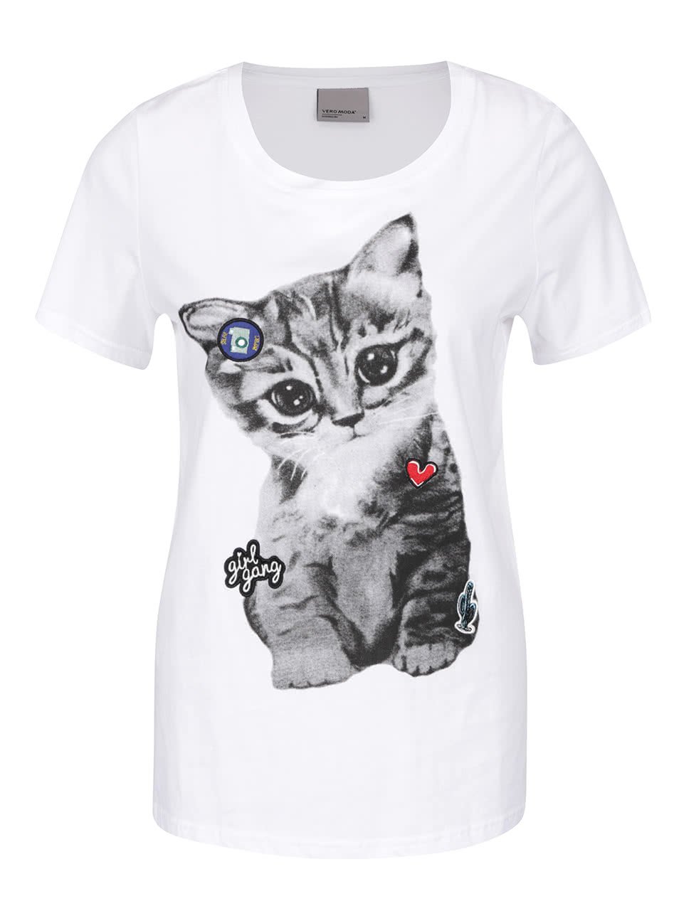 Bílé tričko s potiskem kočky a nášivkami Vero Moda Biba