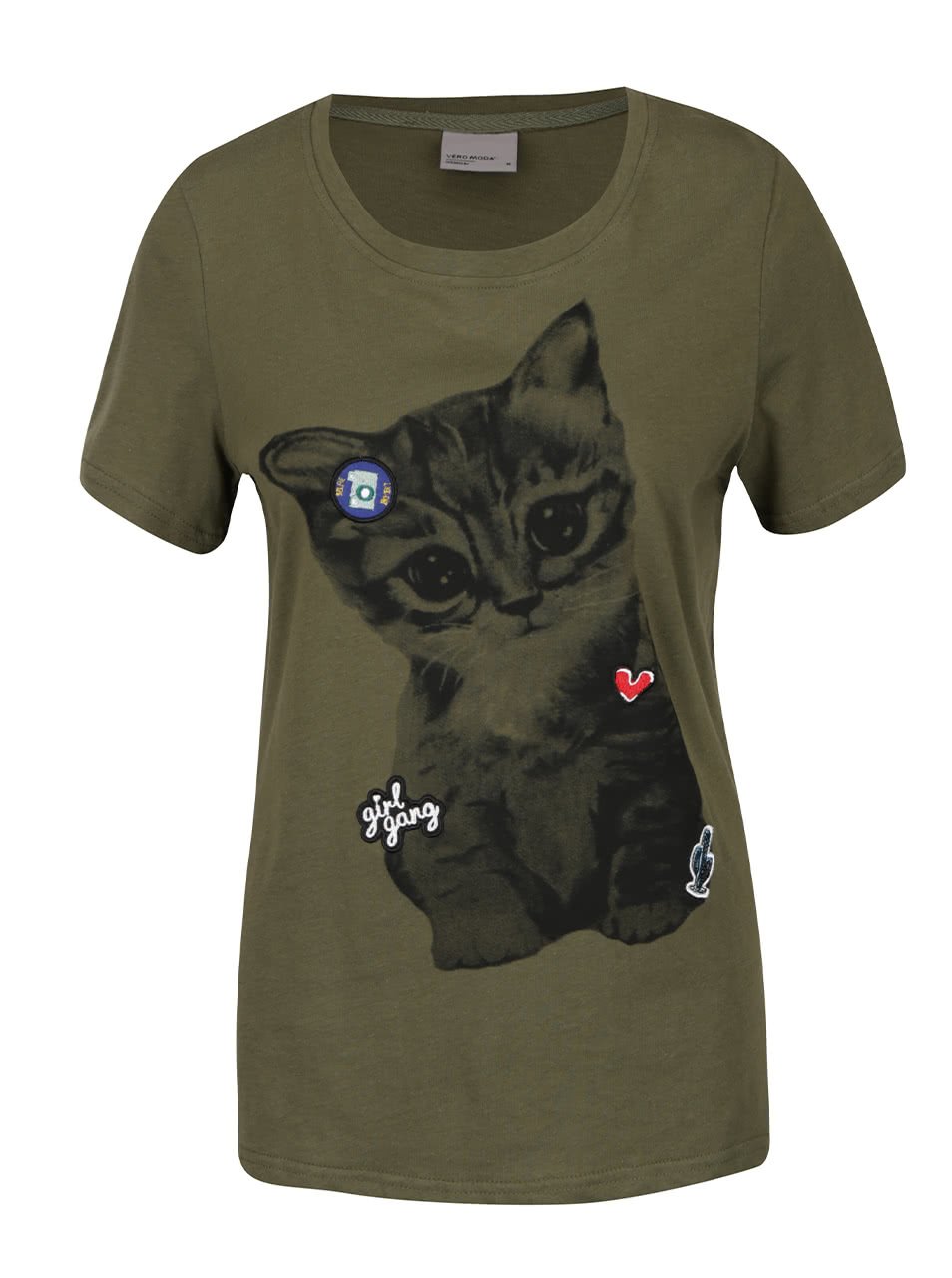Khaki tričko s potiskem kočky a nášivkami Vero Moda Biba