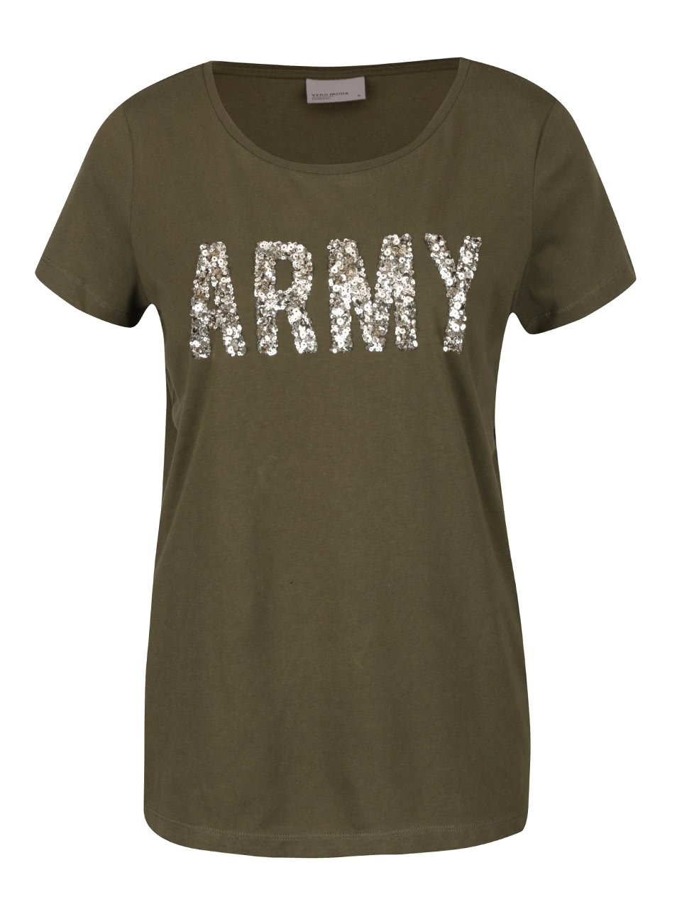 Khaki tričko s flitrovanou aplikací Vero Moda Army