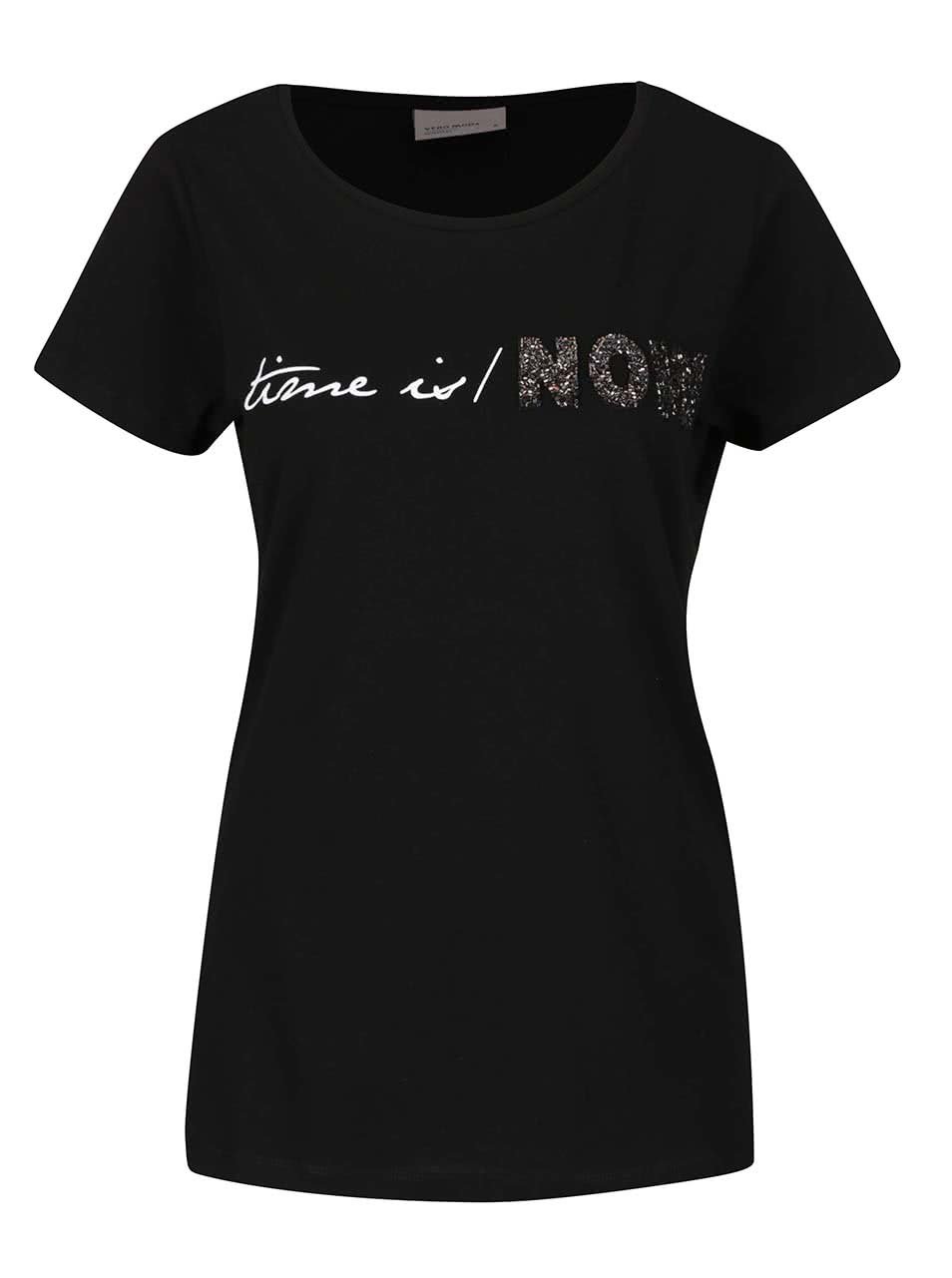 Černé tričko s korálkovou aplikací Vero Moda Glitter Time