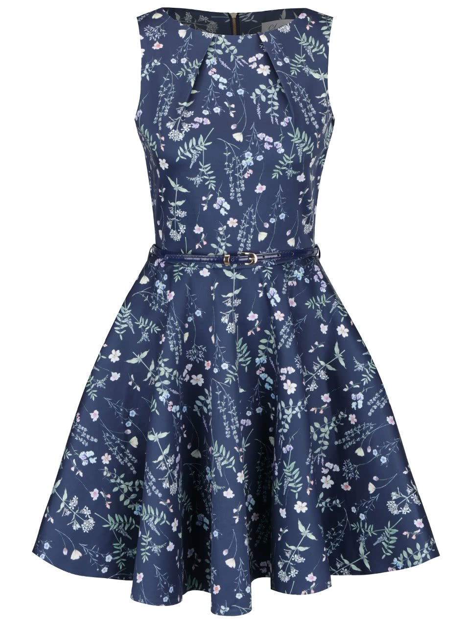 Tmavě modré květované šaty s páskem Closet