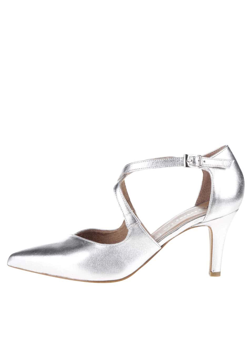 Kožené sandálky ve stříbrné barvě na podpatku Tamaris
