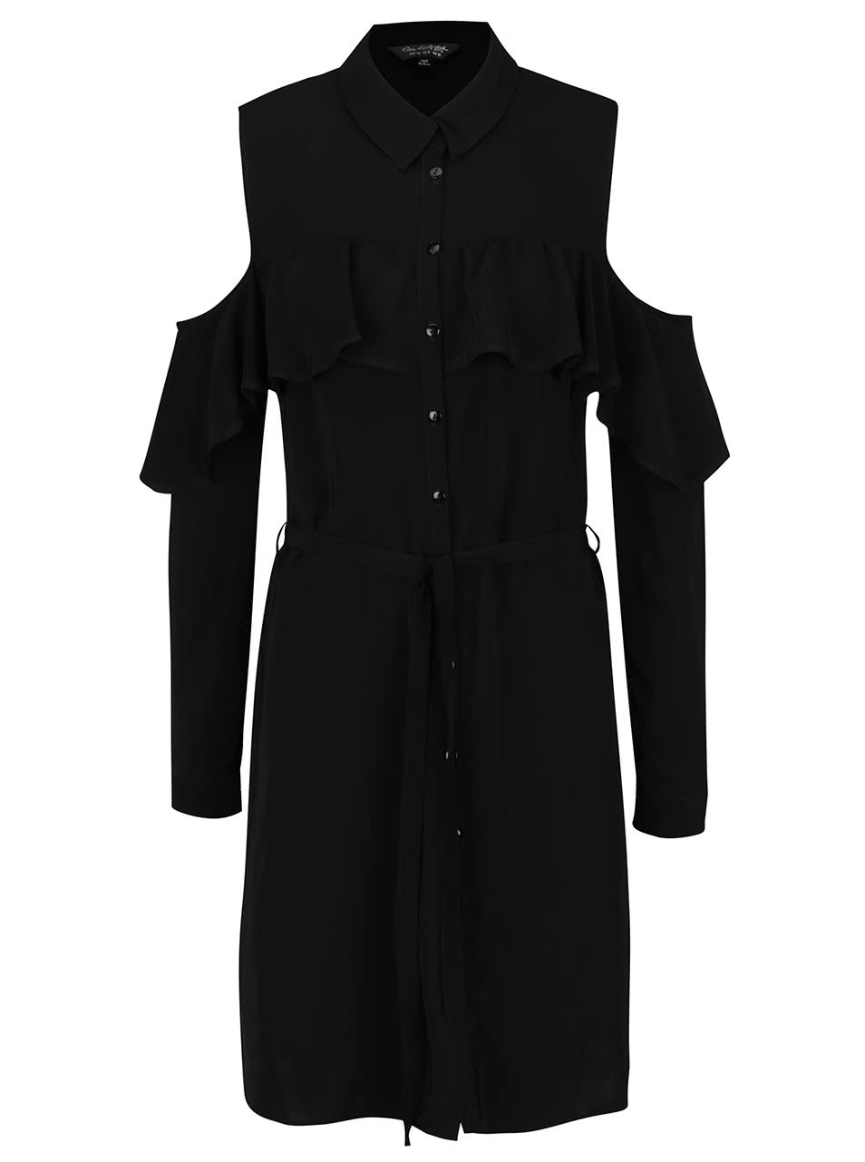 Černé šaty s průstřihy na ramenou s volánky Miss Selfridge