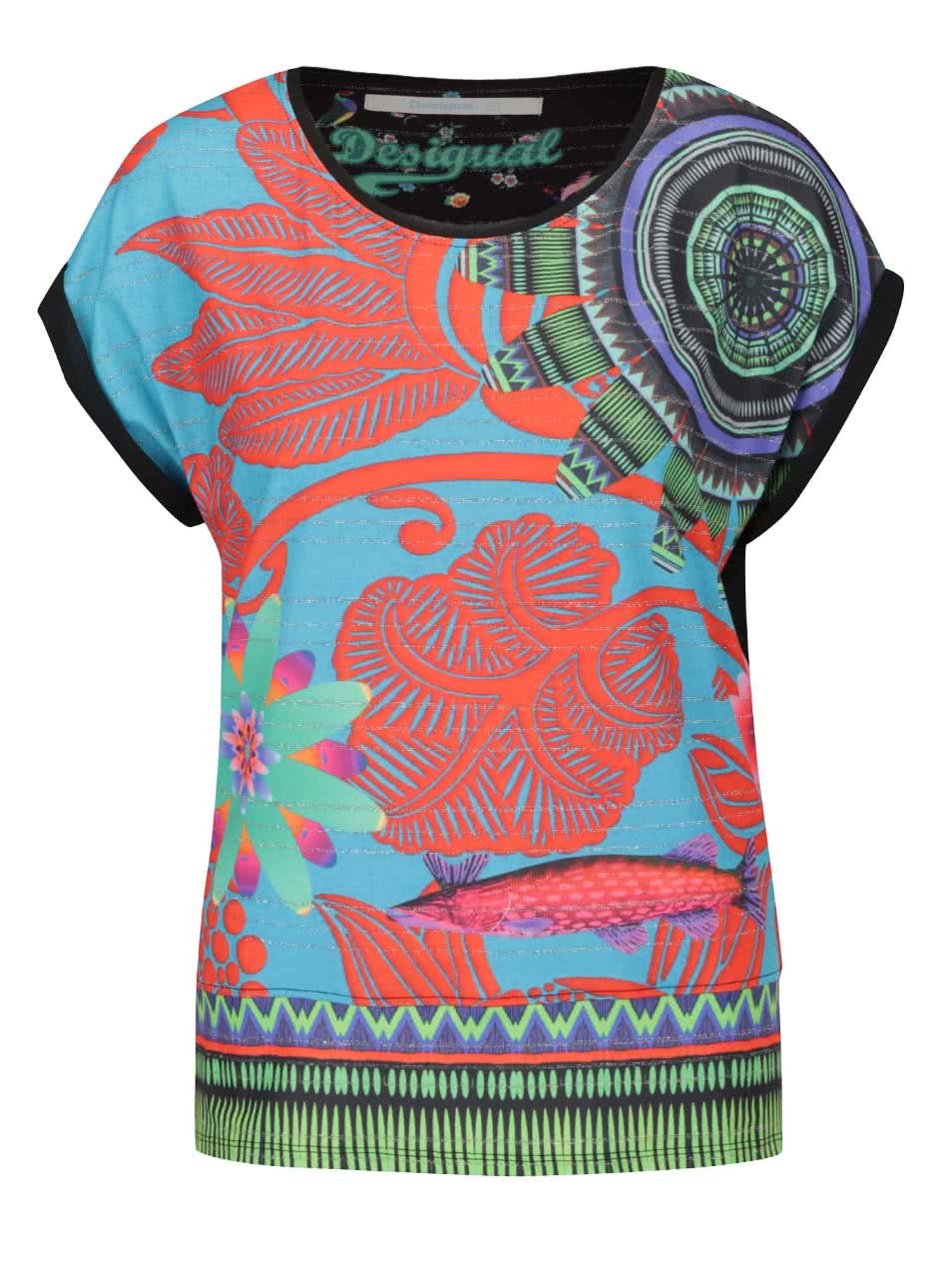 Tyrkysové volné tričko s barevnými vzory Desigual Amaia