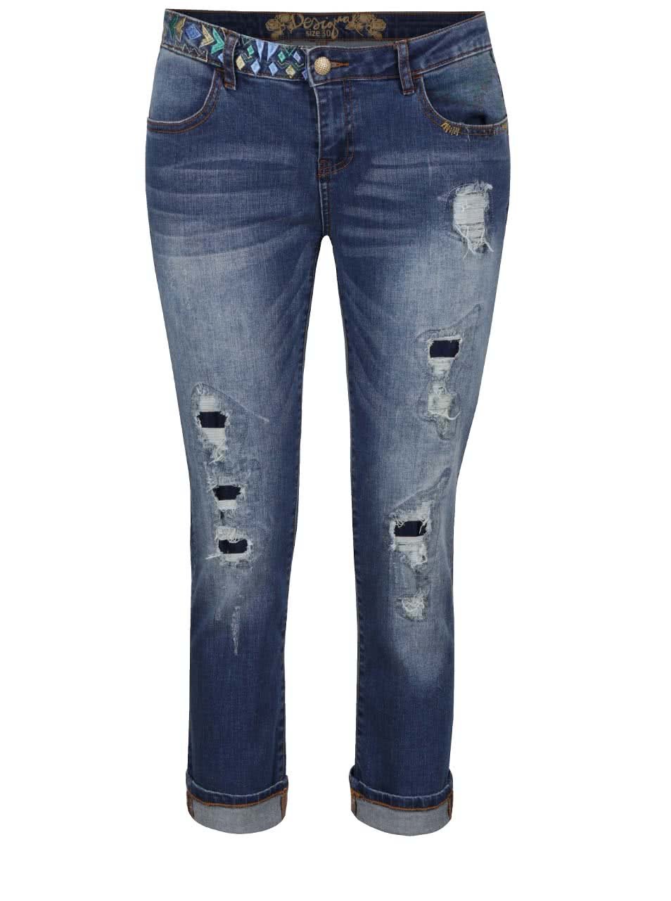 Modré osminkové džíny s výšivkou Desigual Slim