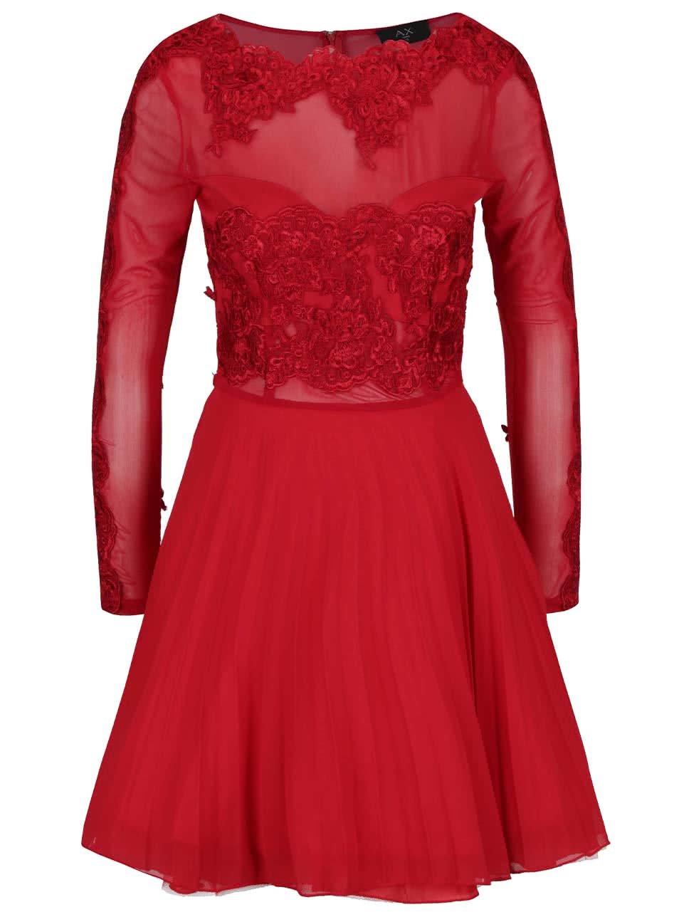 Červené šaty s krajkou, průsvitným dekoltem a dlouhými rukávy AX Paris