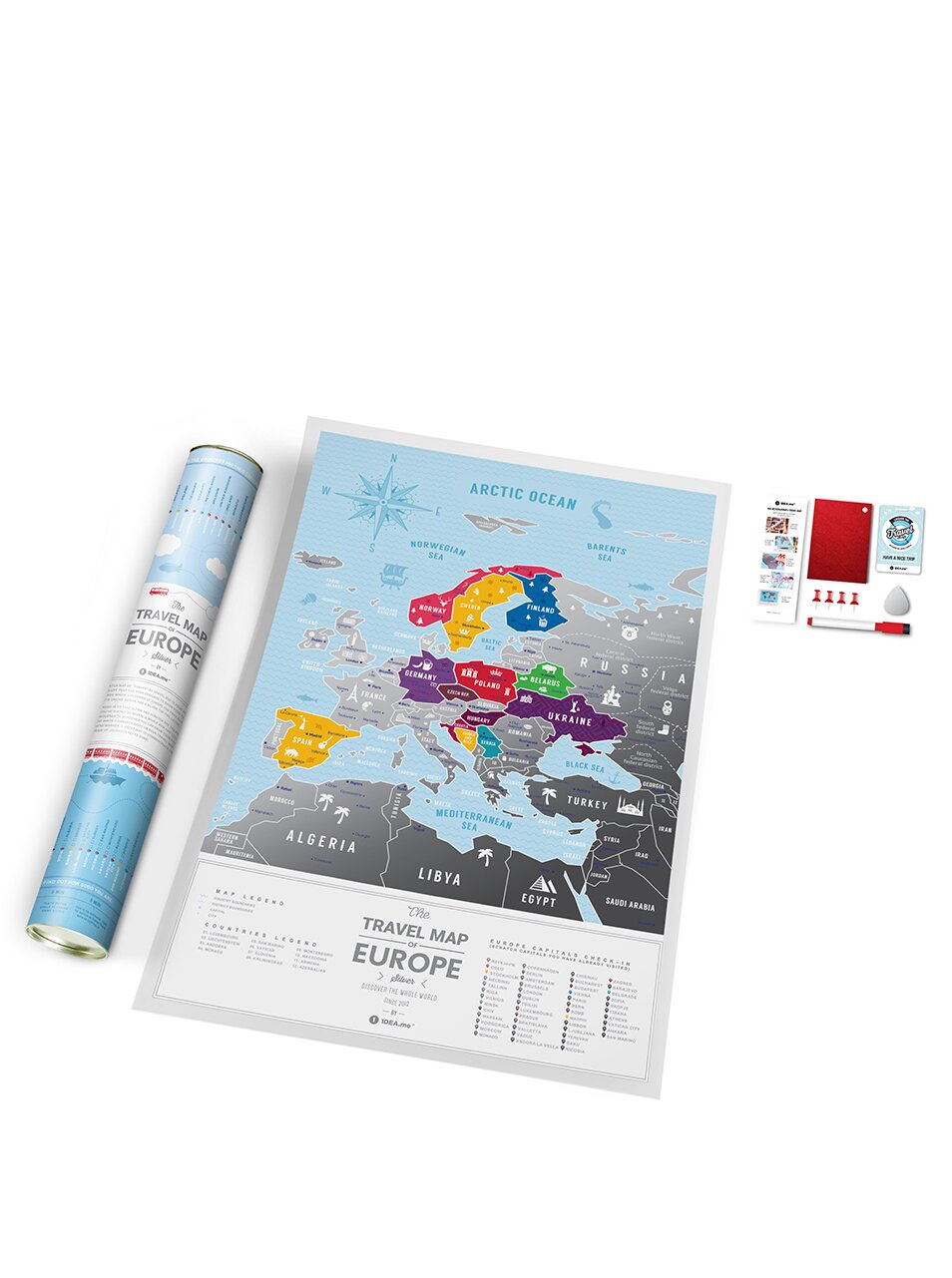 Stírací mapa Evropy v modro-stříbrné barvě Travel Map