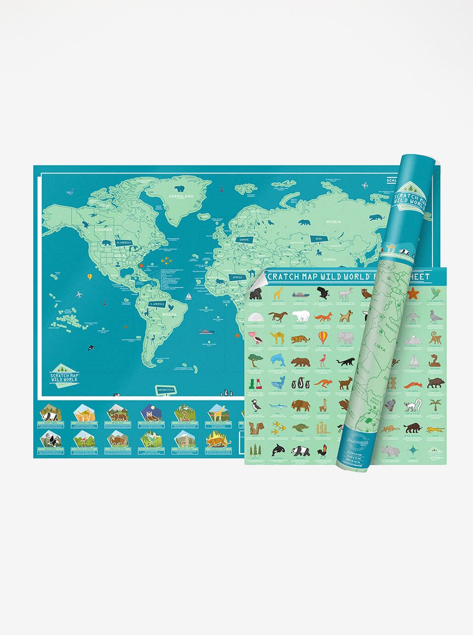Velká modro-zelená nástěnná stírací mapa Luckies Wild World