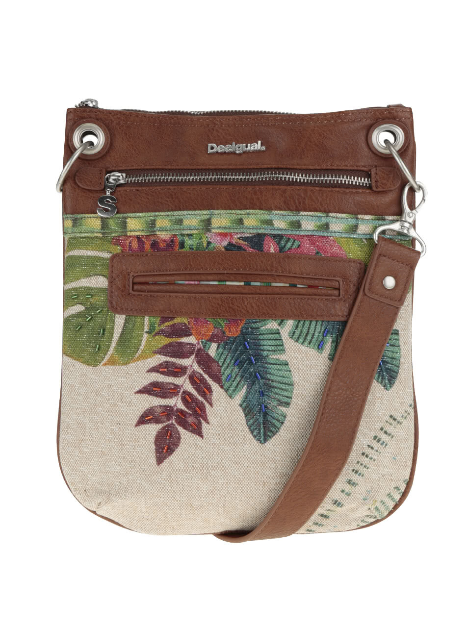 Krémovo hnědá crossbody kabelka s tropickým vzorem Desigual Bandolera