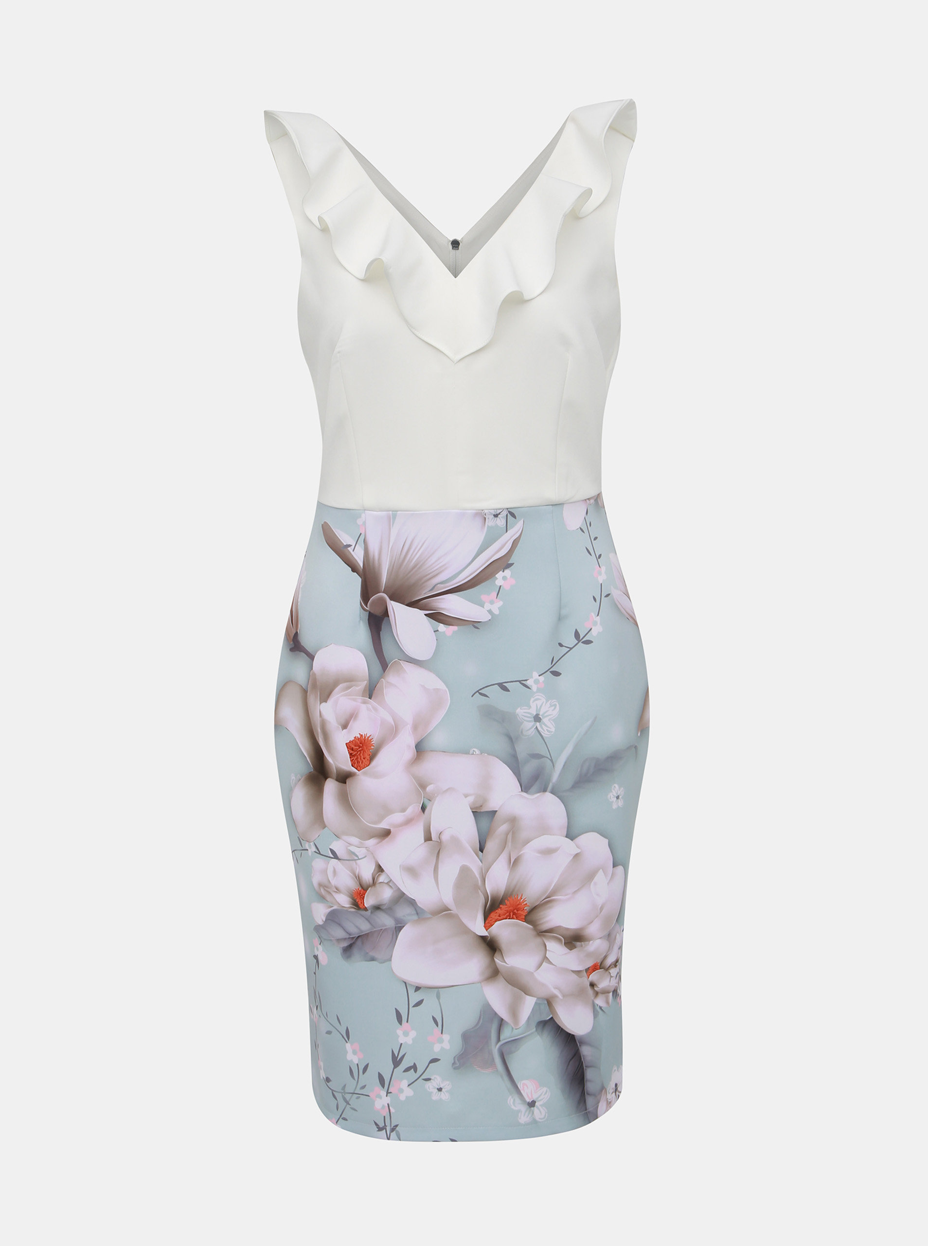 Fotografie Bílo-modré květované pouzdrové šaty s volánem Dorothy Perkins