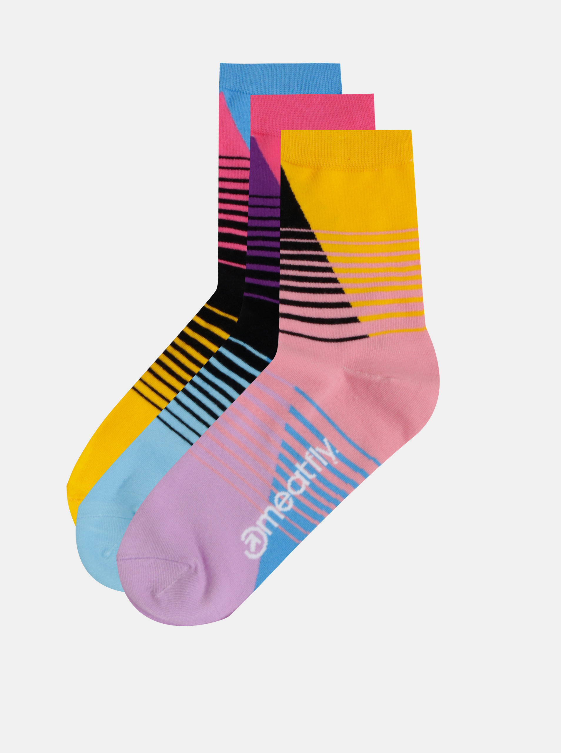 Fotografie Sada tří párů dámských pruhovaných ponožek v růžové, modré a žluté barvě Meatfly Color