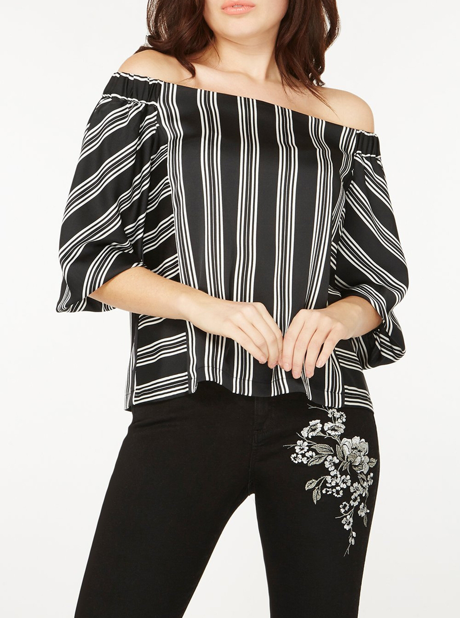 Černá pruhovaná halenka s odhalenými rameny Dorothy Perkins