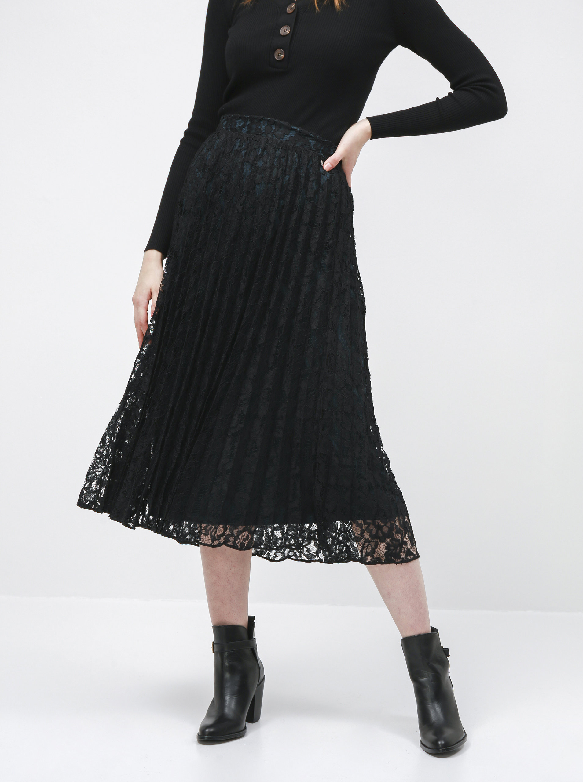Fotografie Černá krajková plisovaná midi sukně Tom Tailor Denim