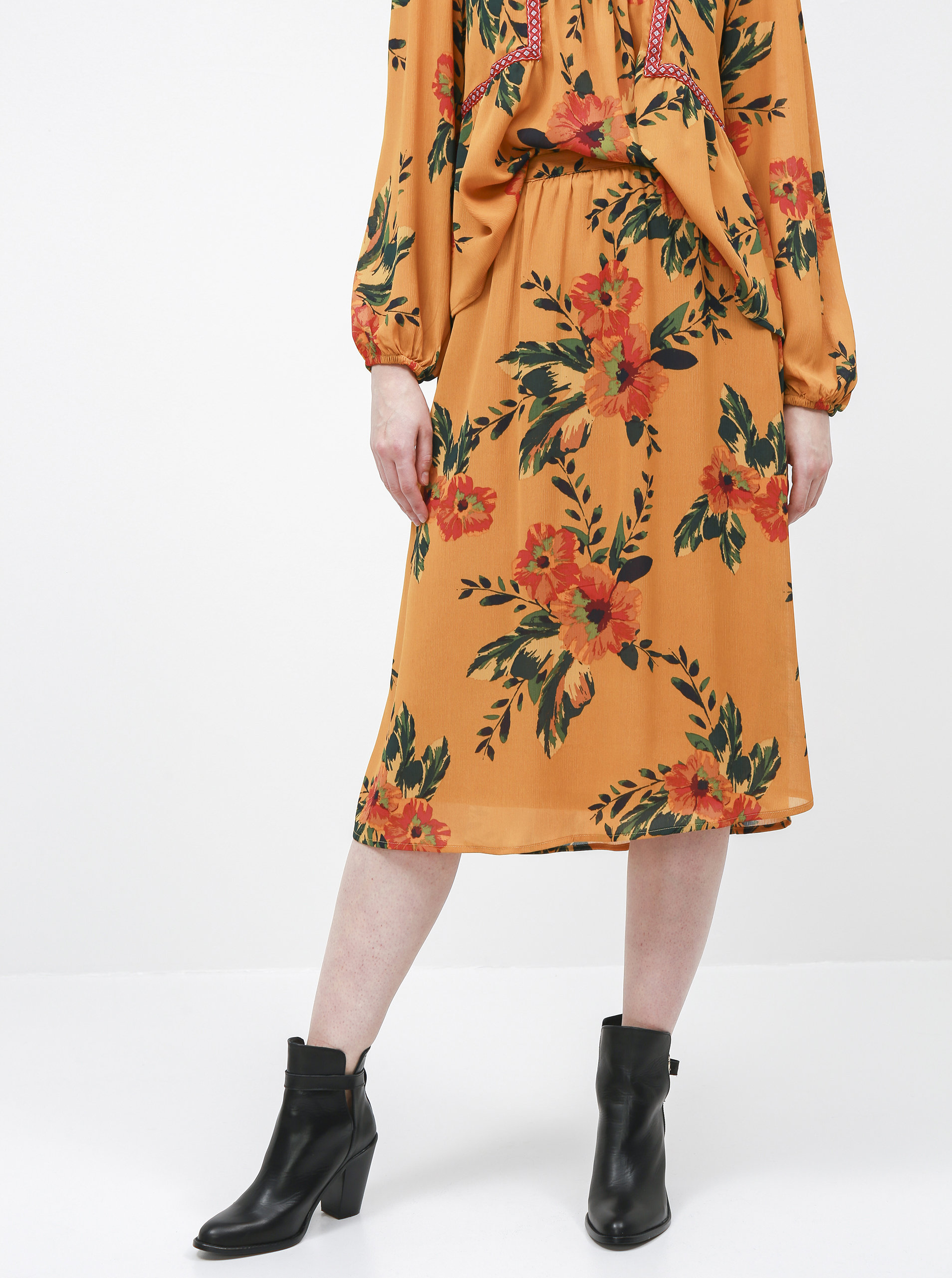 Hořčicová květovaná midi sukně Jacqueline de Yong Solis