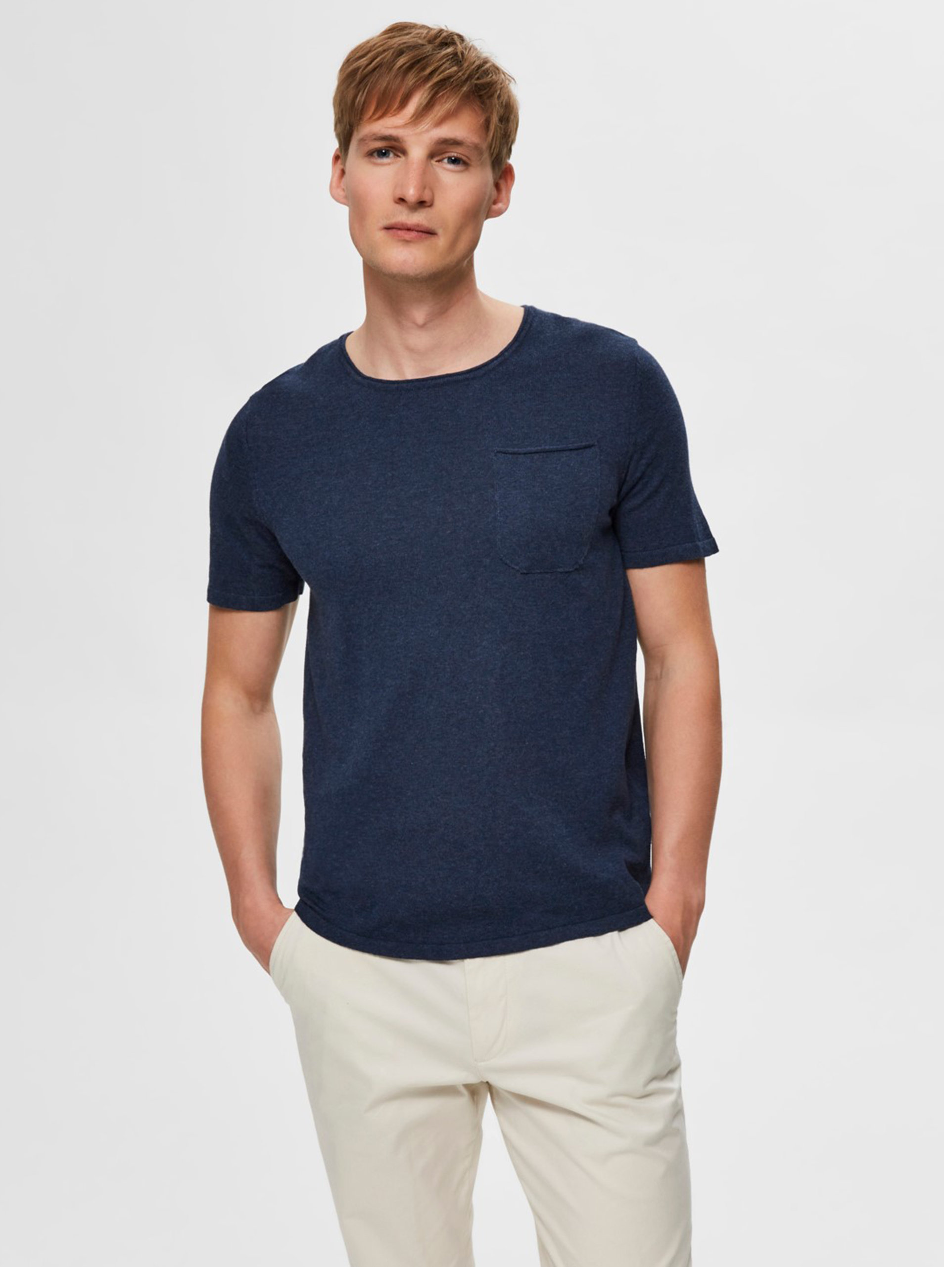 Fotografie Modré basic tričko s příměsí lnu Selected Homme-Linen