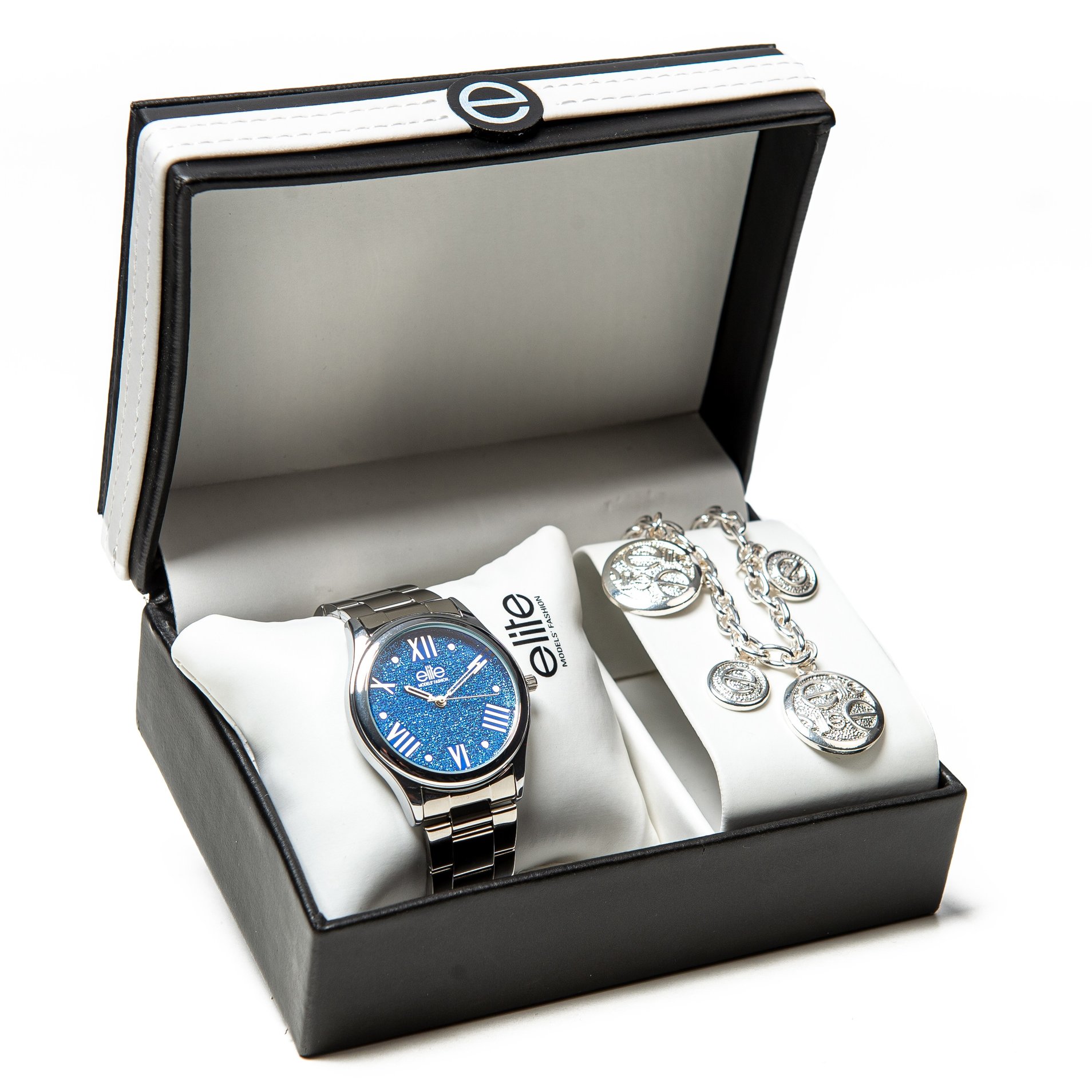 Fotografie Dárkový set hodinek s náramkem ve stříbrné barvě Elite
