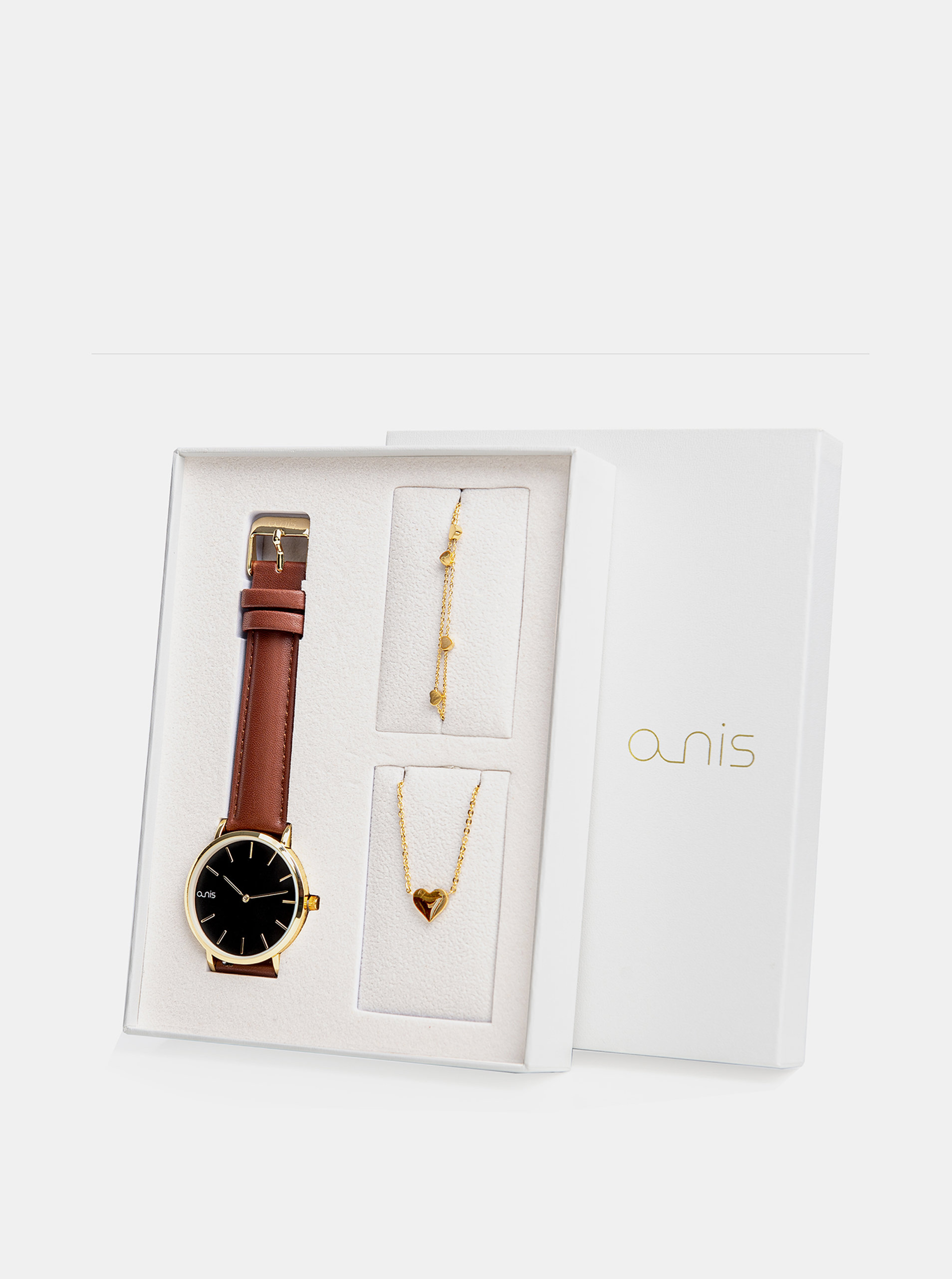 Fotografie Sada dámského náramku, náhrdelníku a hodinek s hnědým koženým páskem a-nis
