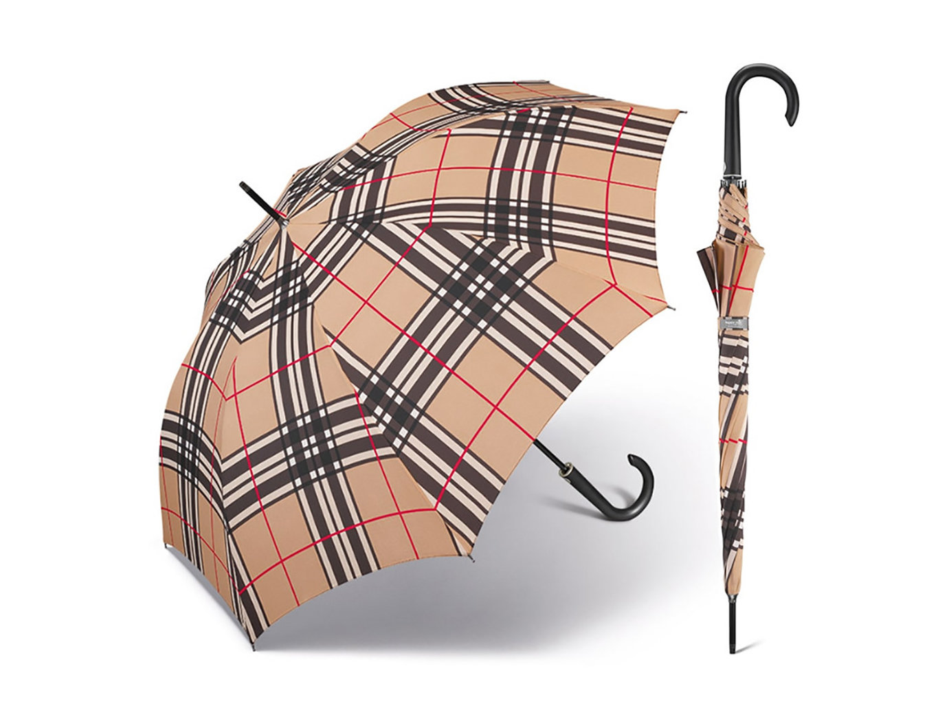 Fotografie Happy Rain Long Checks Camel holový károvaný deštník v béžové barvě - Béžová
