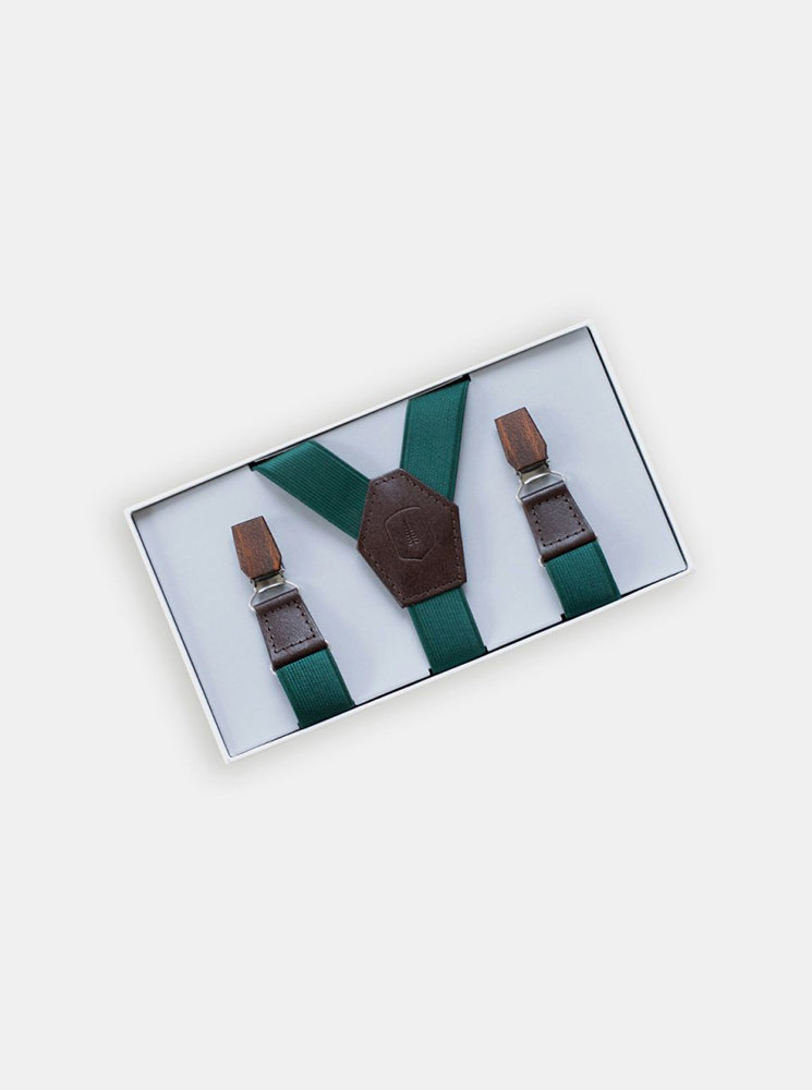 Fotografie Kožené šle Forest Green Suspenders s dřevěnými detaily BeWooden