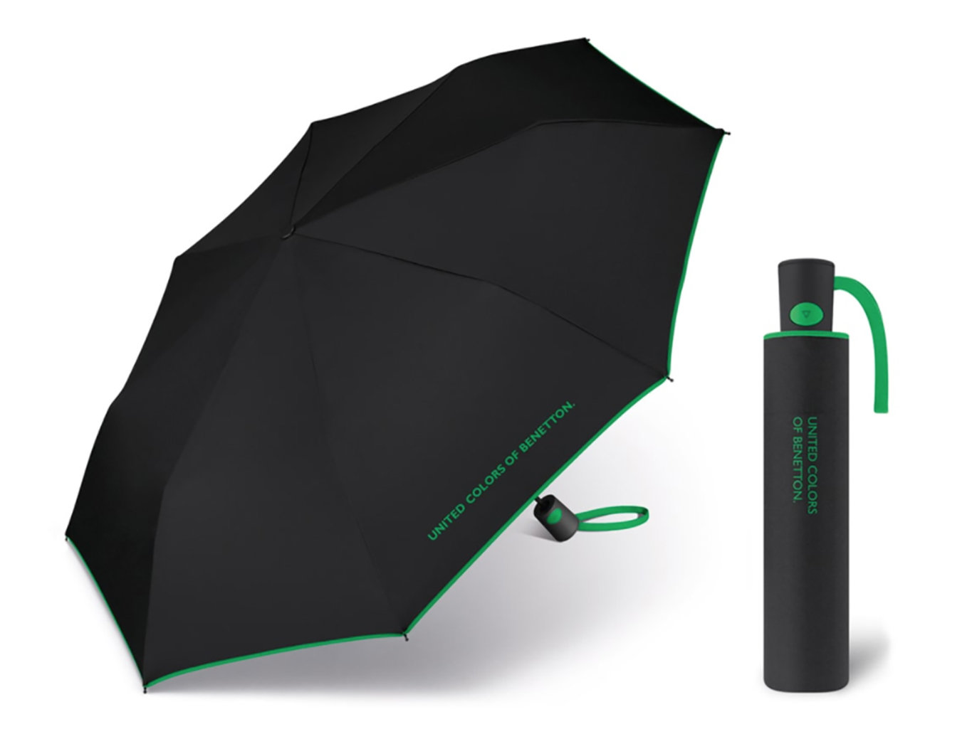United Colors of Benetton Mini AC Black - vystřelovací černý deštník se zeleným lemem - Černá