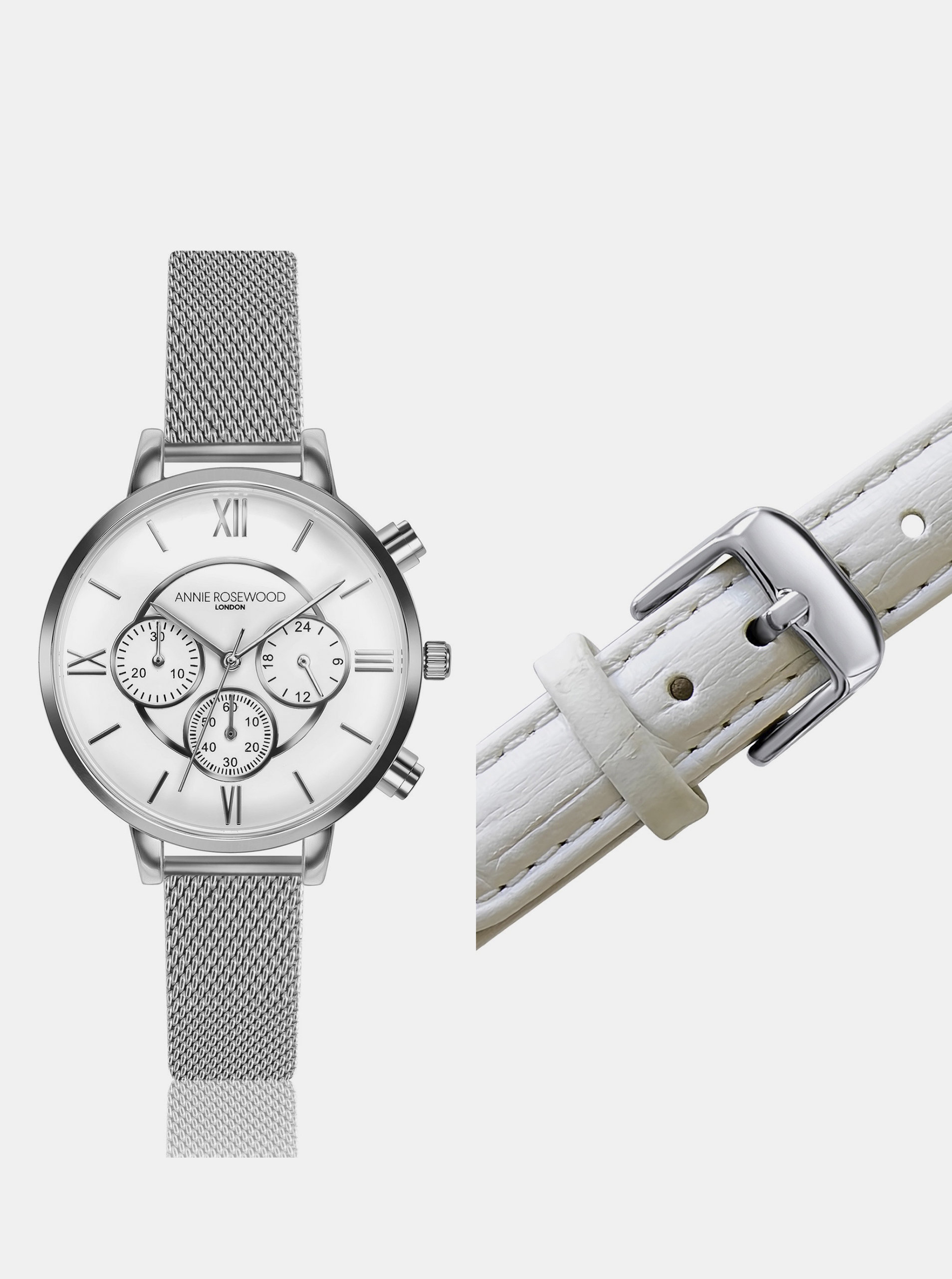 Dámské hodinky s vyměnitelným páskem ve stříbrné a bílé barvě Annie Rosewood
