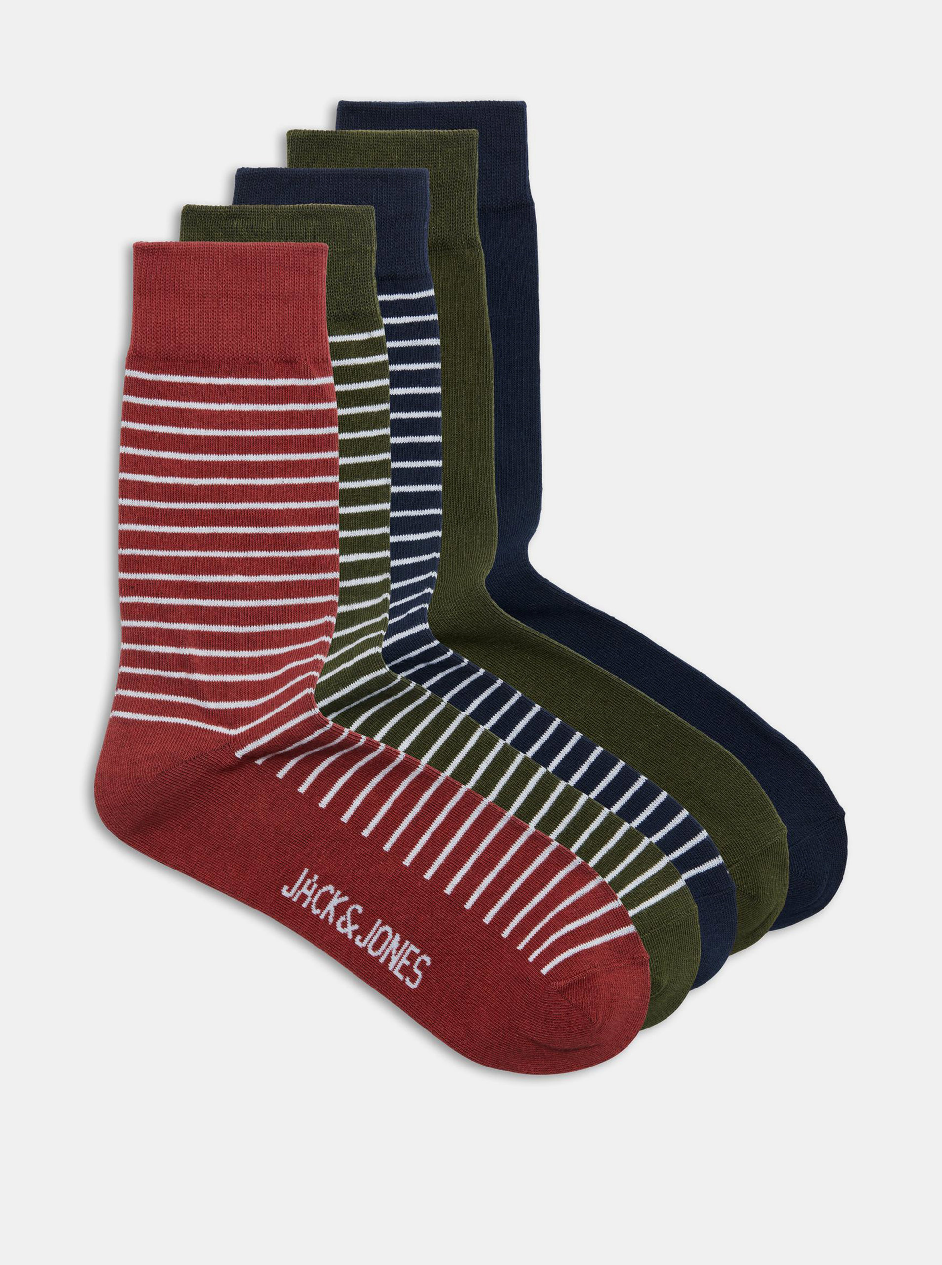 Fotografie Sada pěti párů pruhovaných ponožek v modré a červené barvě Jack & Jones