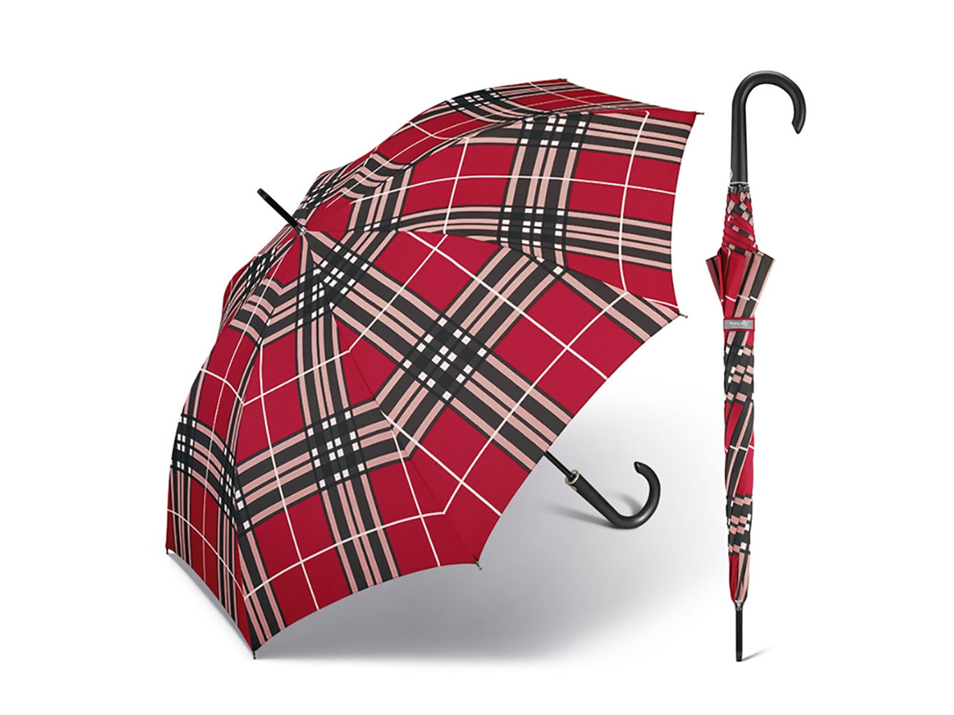 Happy Rain Long Checks Red holový károvaný deštník v červené barvě