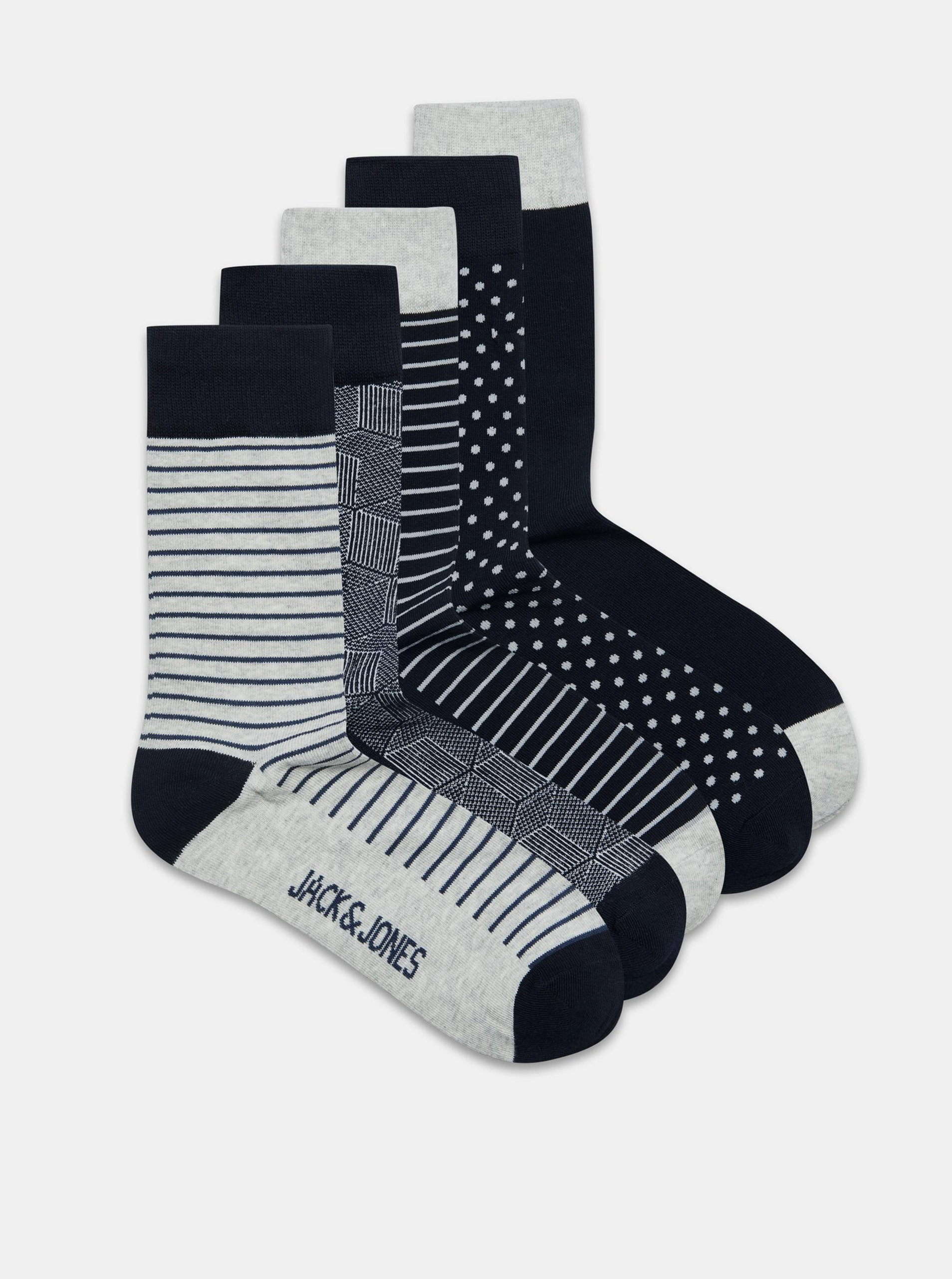 Sada pěti párů vzorovaných ponožek v šedé a modré barvě Jack & Jones