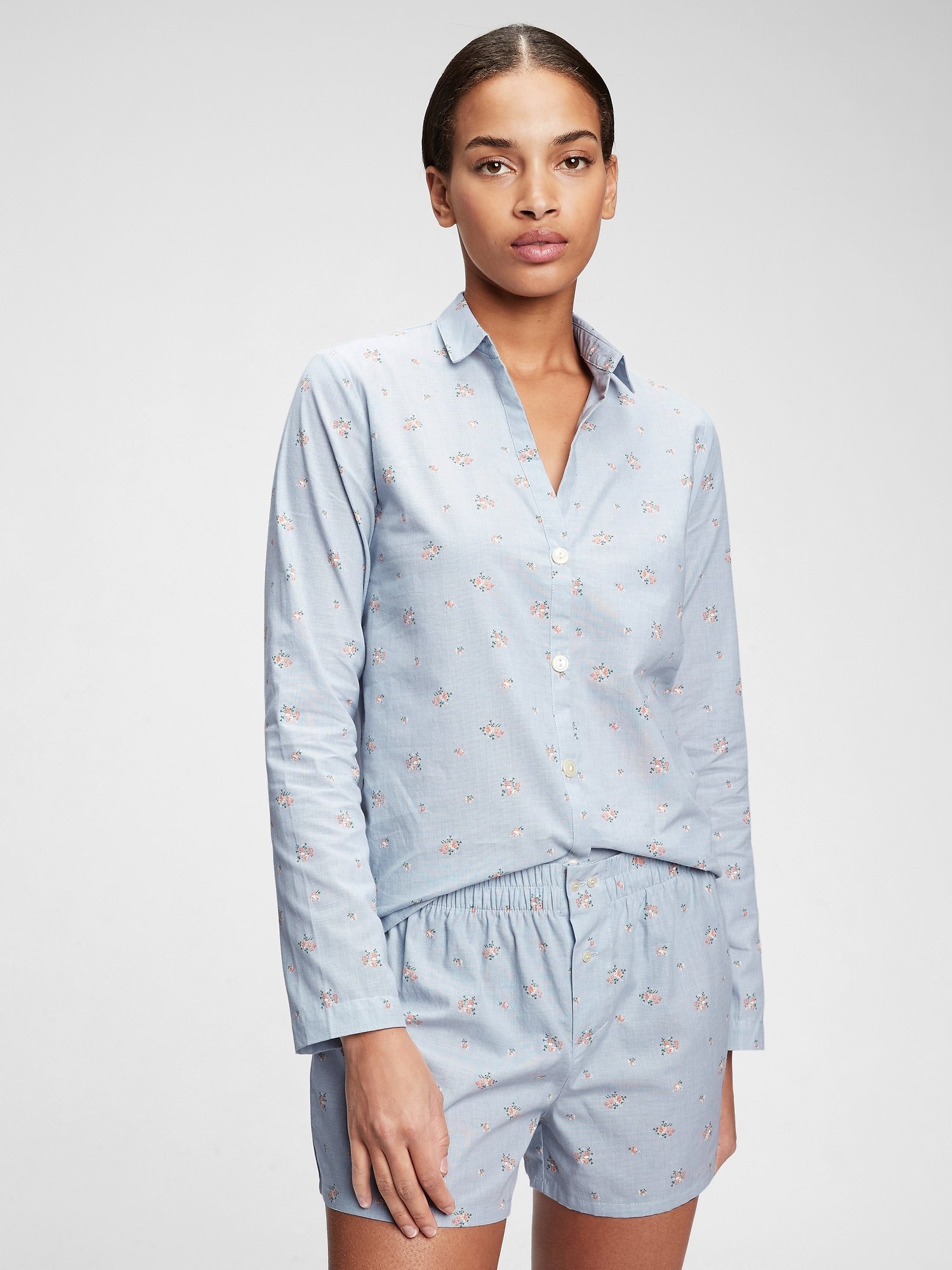Fotografie Modrá dámská košile na spaní pajama in poplin