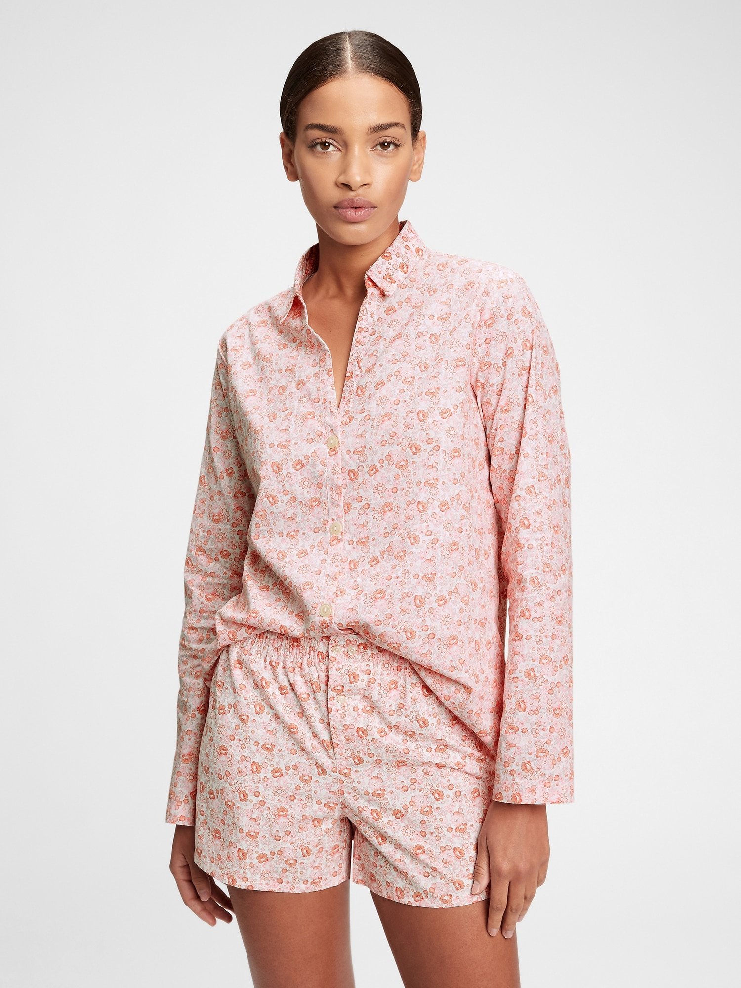 Fotografie Růžová dámská košile na spaní pajama in poplin