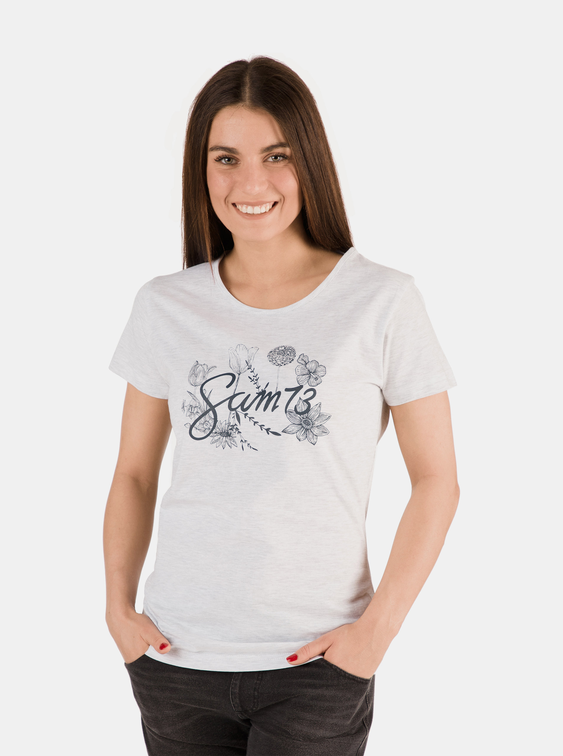 Fotografie Bílé dámské žíhané tričko s potiskem SAM 73