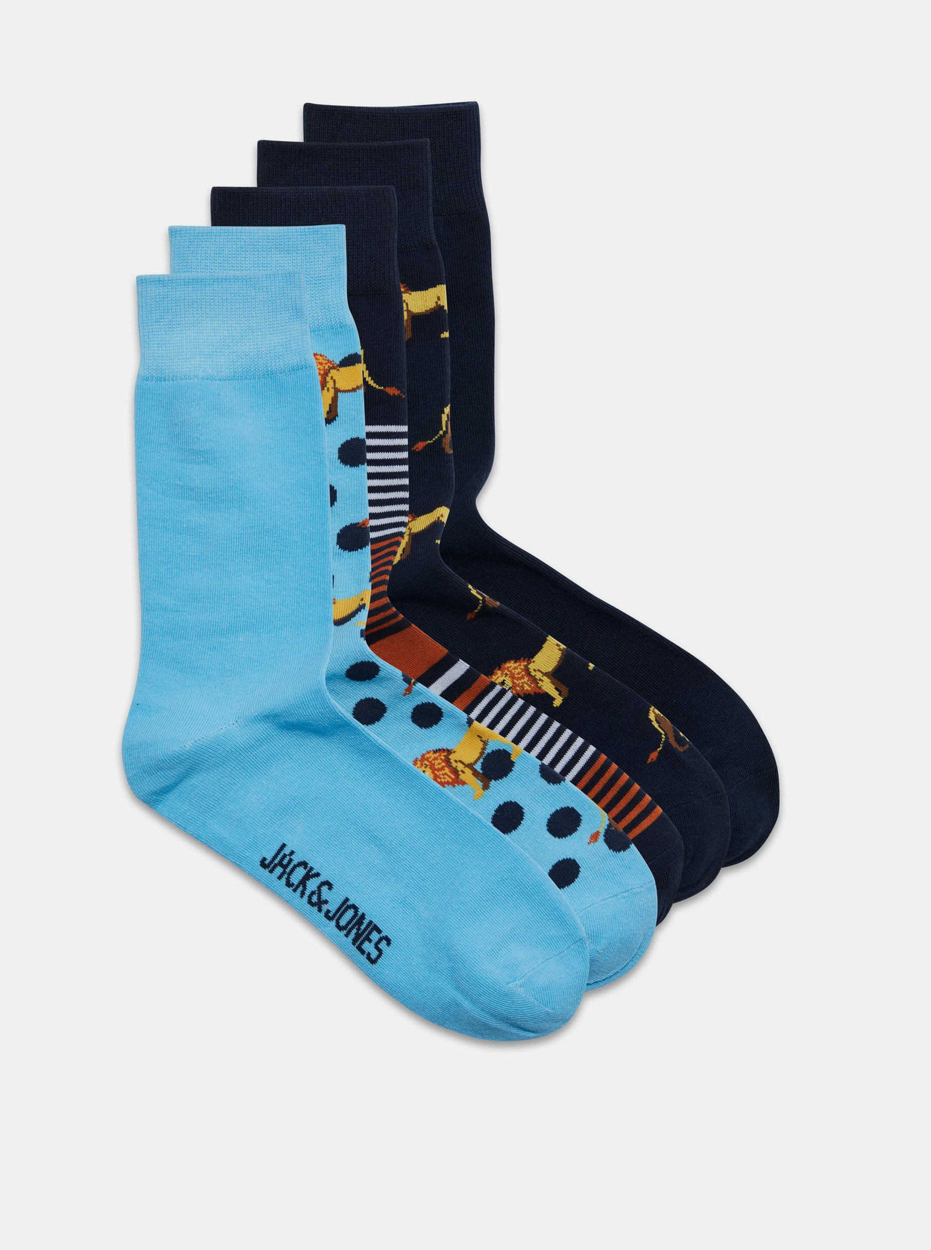 Sada pěti párů modrých vzorovaných ponožek Jack & Jones Lion