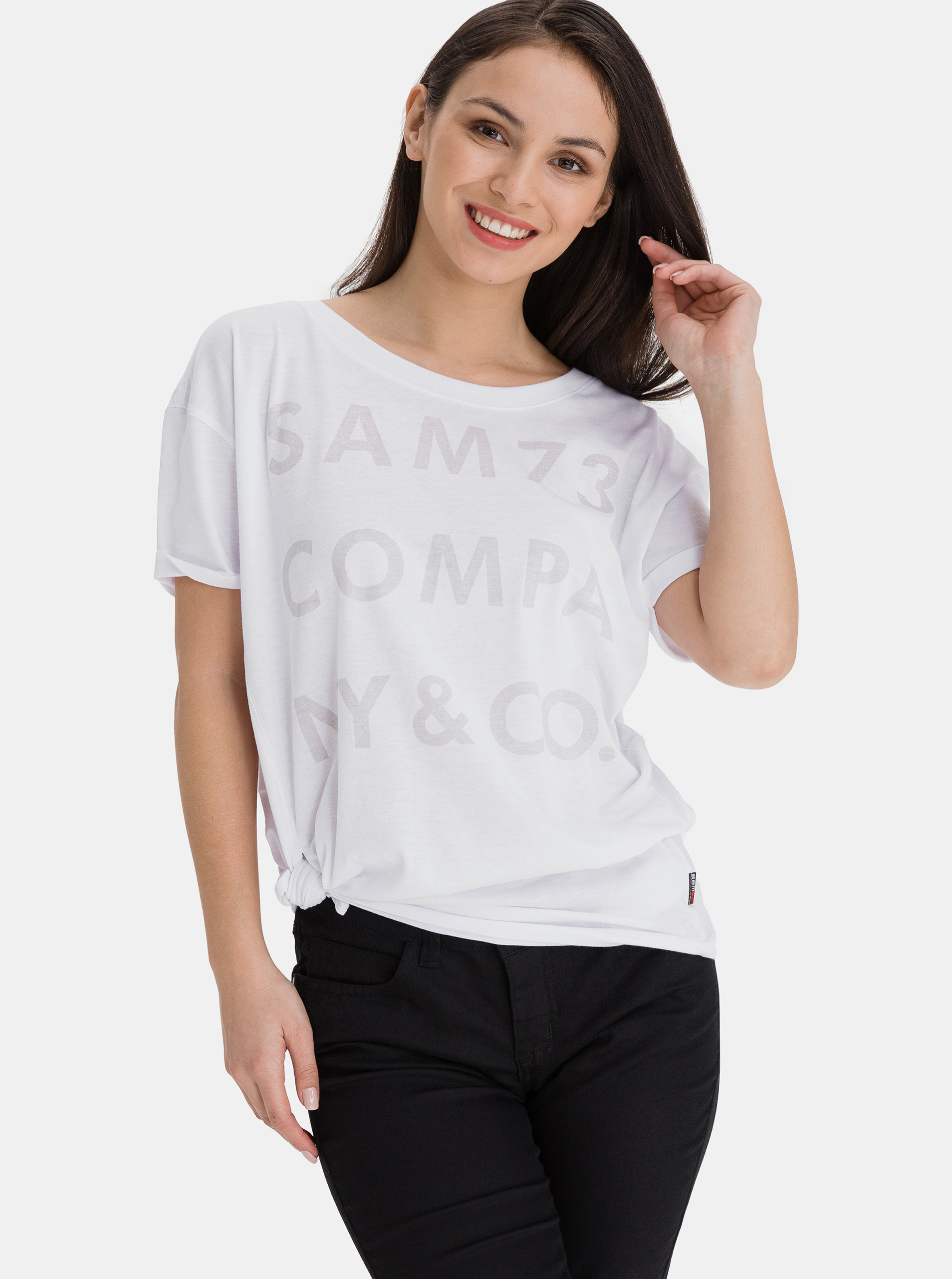 Fotografie Bílé dámské volné tričko s potiskem SAM 73
