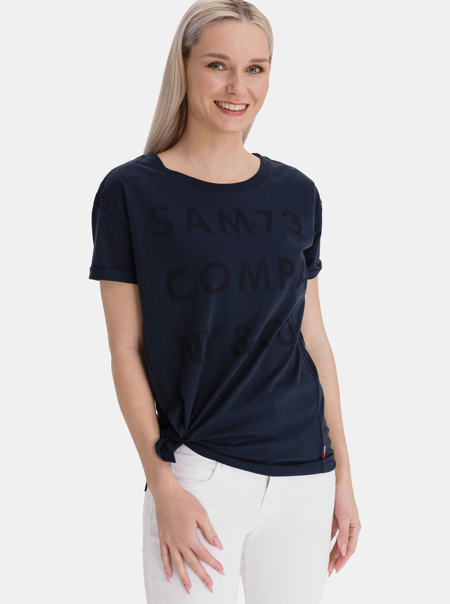 Fotografie Tmavě modré dámské volné tričko s potiskem SAM 73