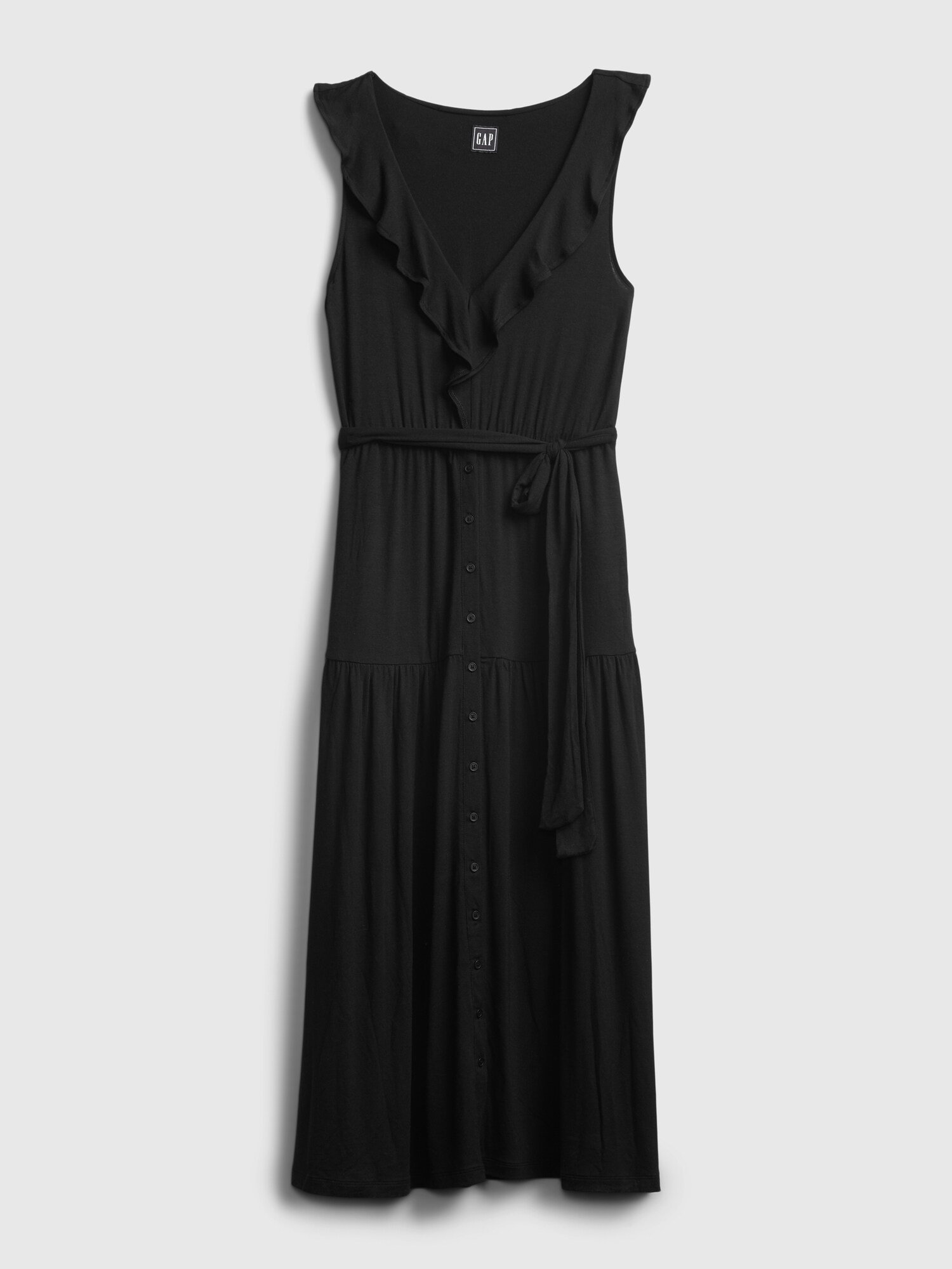 Fotografie Černé dámské šaty sleeveless ruffle maxi dress